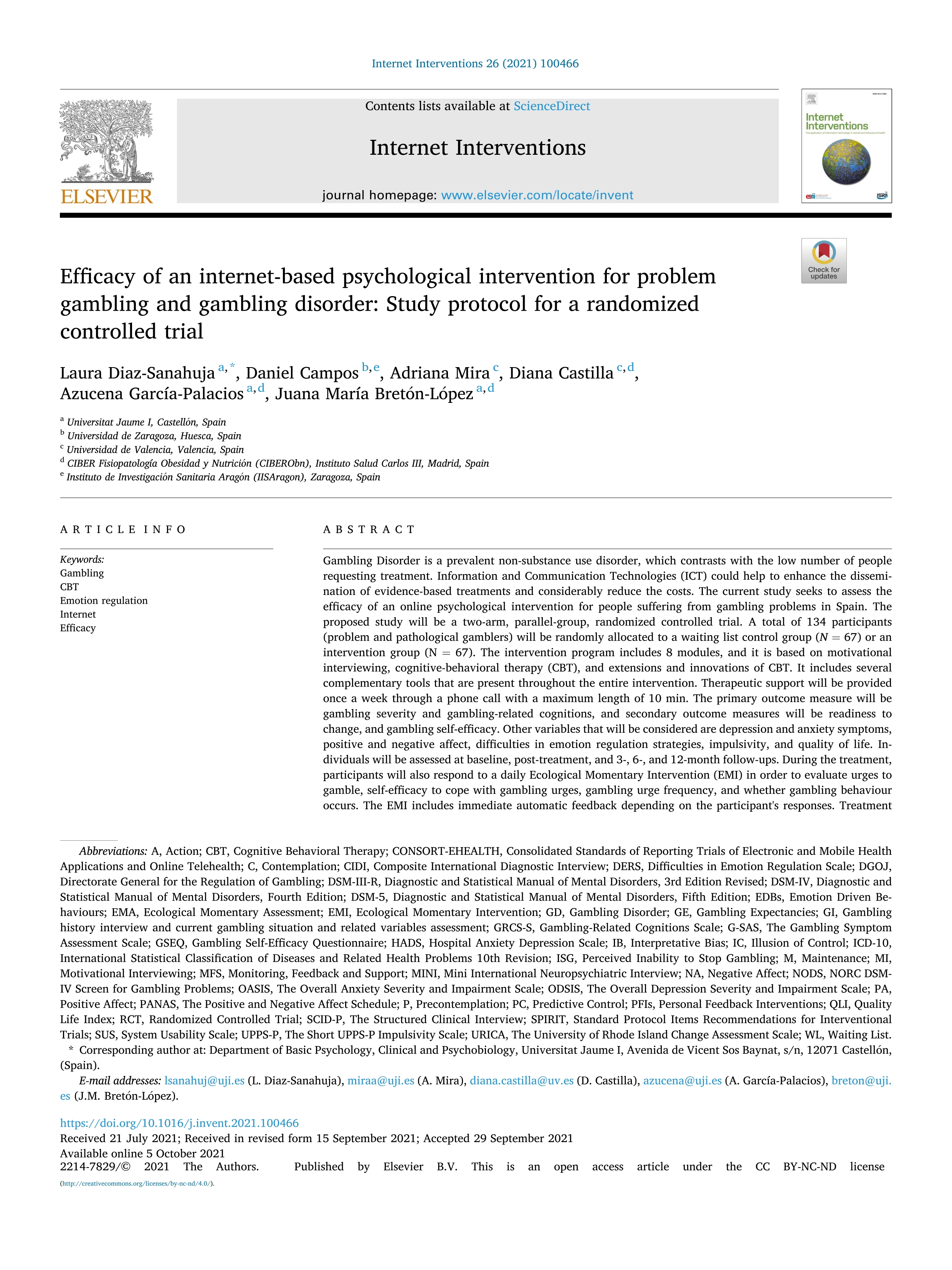 Efficacy of an internet-based psychological intervention for problem gambling and gambling disorder: Study protocol for a randomized controlled trial