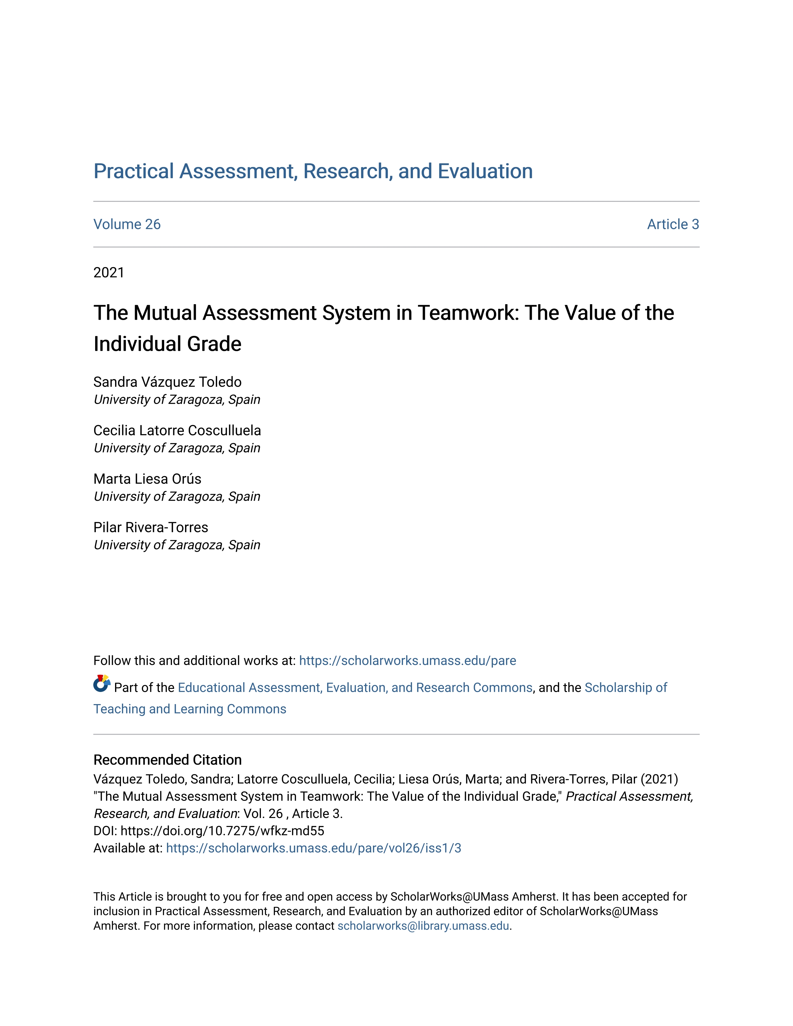 The mutual assessment system in teamwork: The value of the individual grade