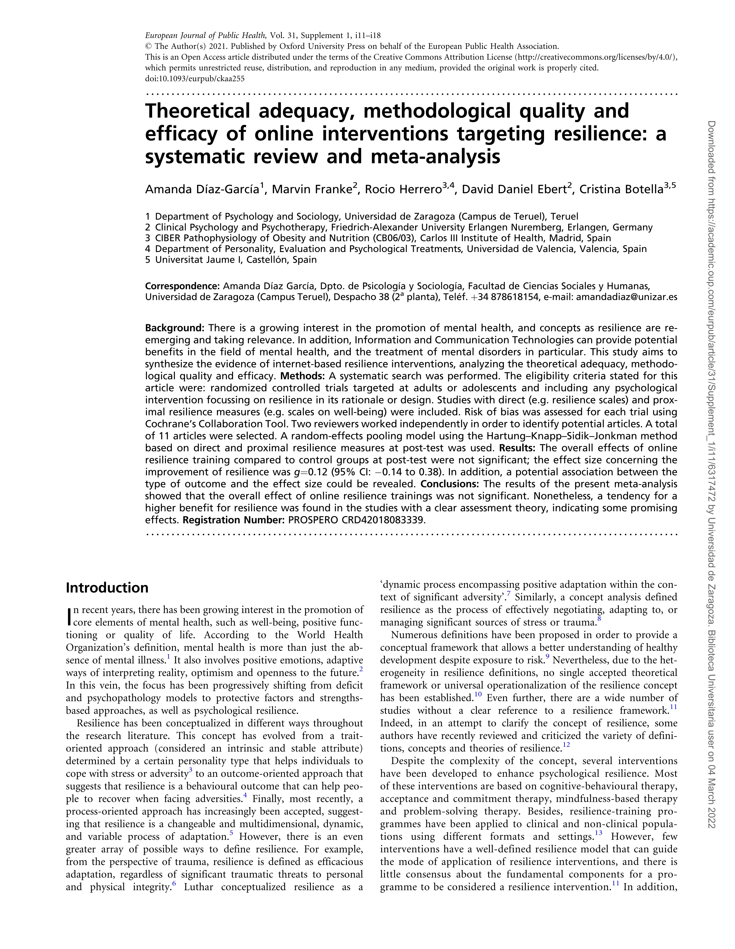 Theoretical adequacy, methodological quality and efficacy of online interventions targeting resilience: a systematic review and meta-analysis