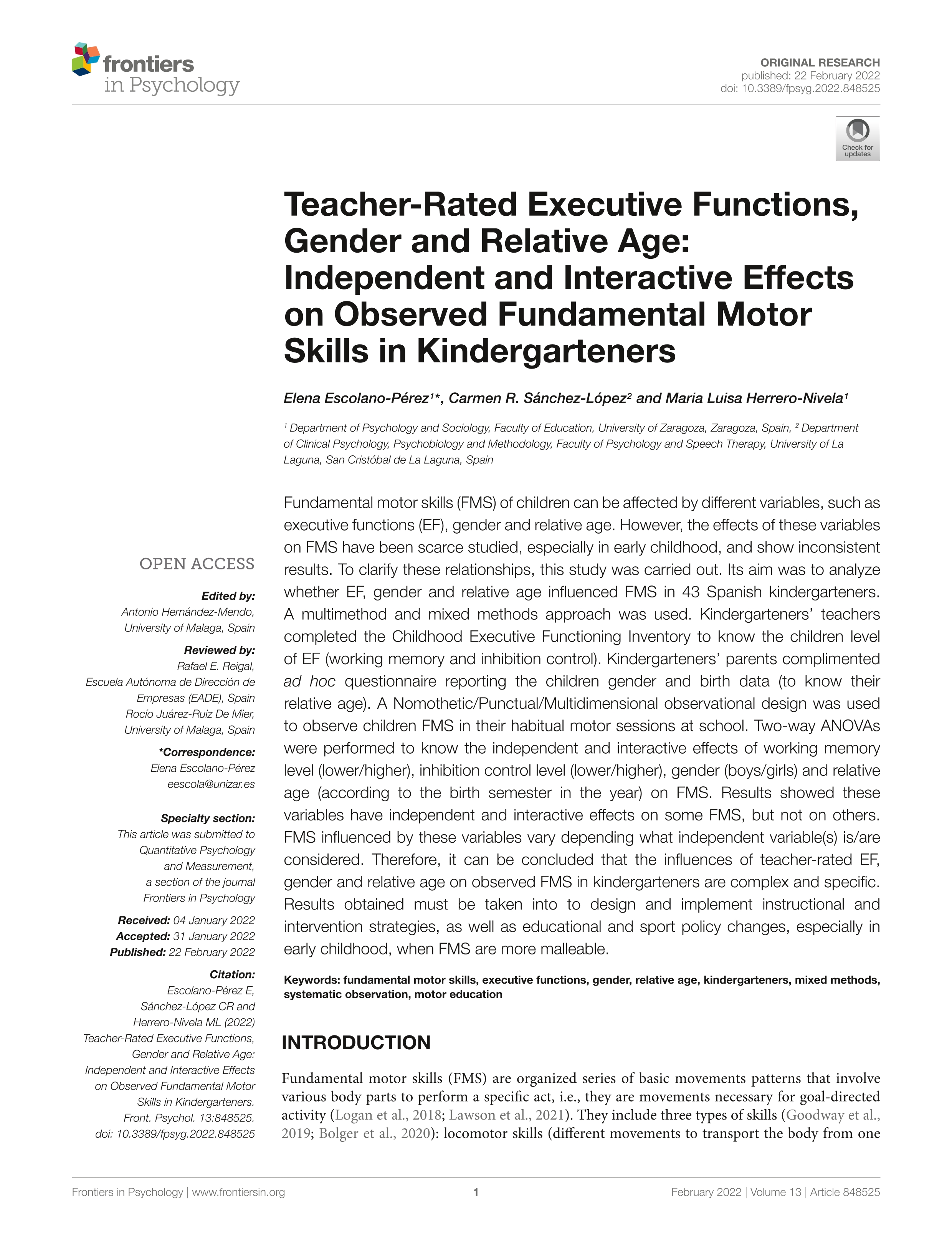 Teacher-Rated Executive Functions, Gender and Relative Age: Independent and Interactive Effects on Observed Fundamental Motor Skills in Kindergarteners