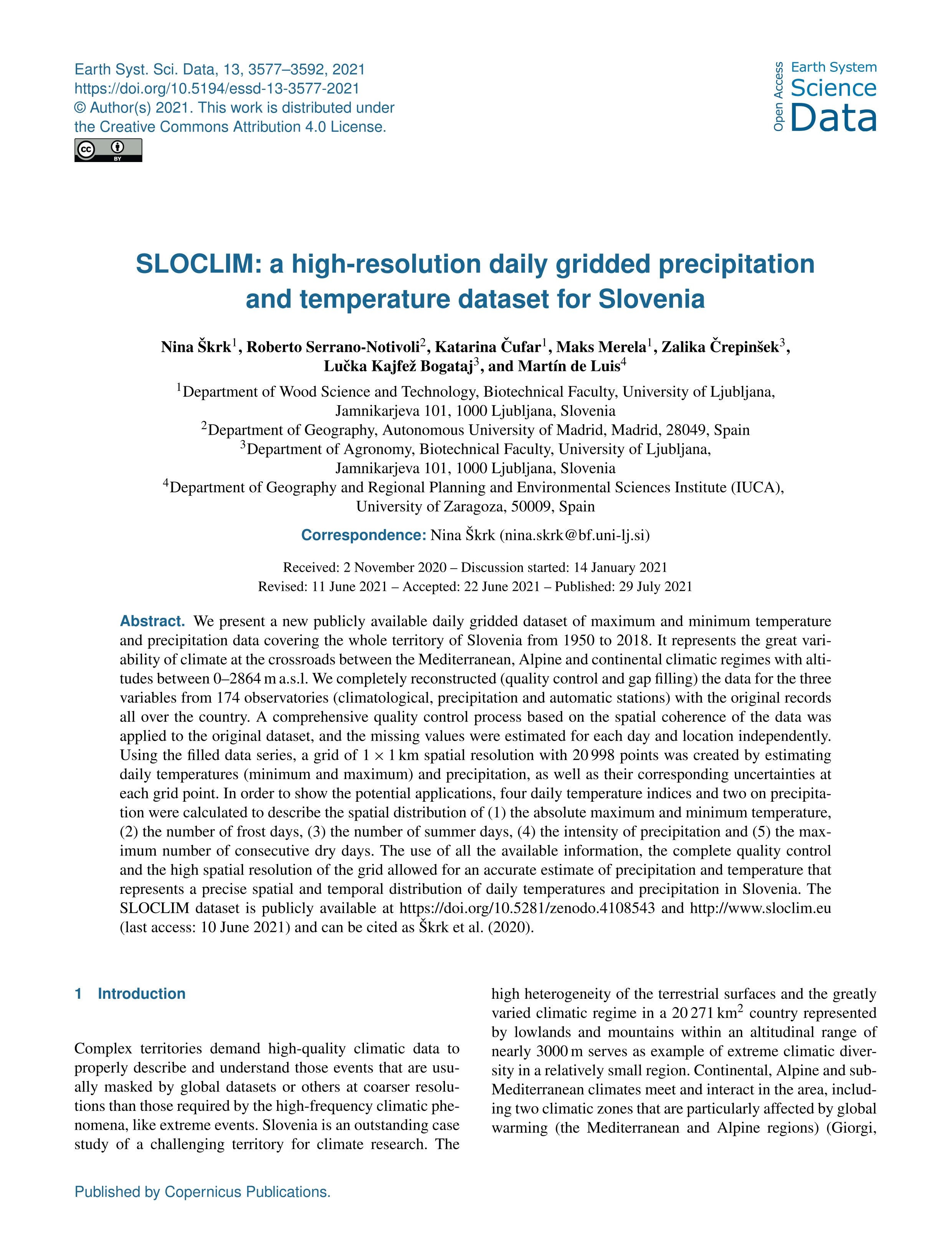 SLOCLIM: a high-resolution daily gridded precipitation and temperature dataset for Slovenia