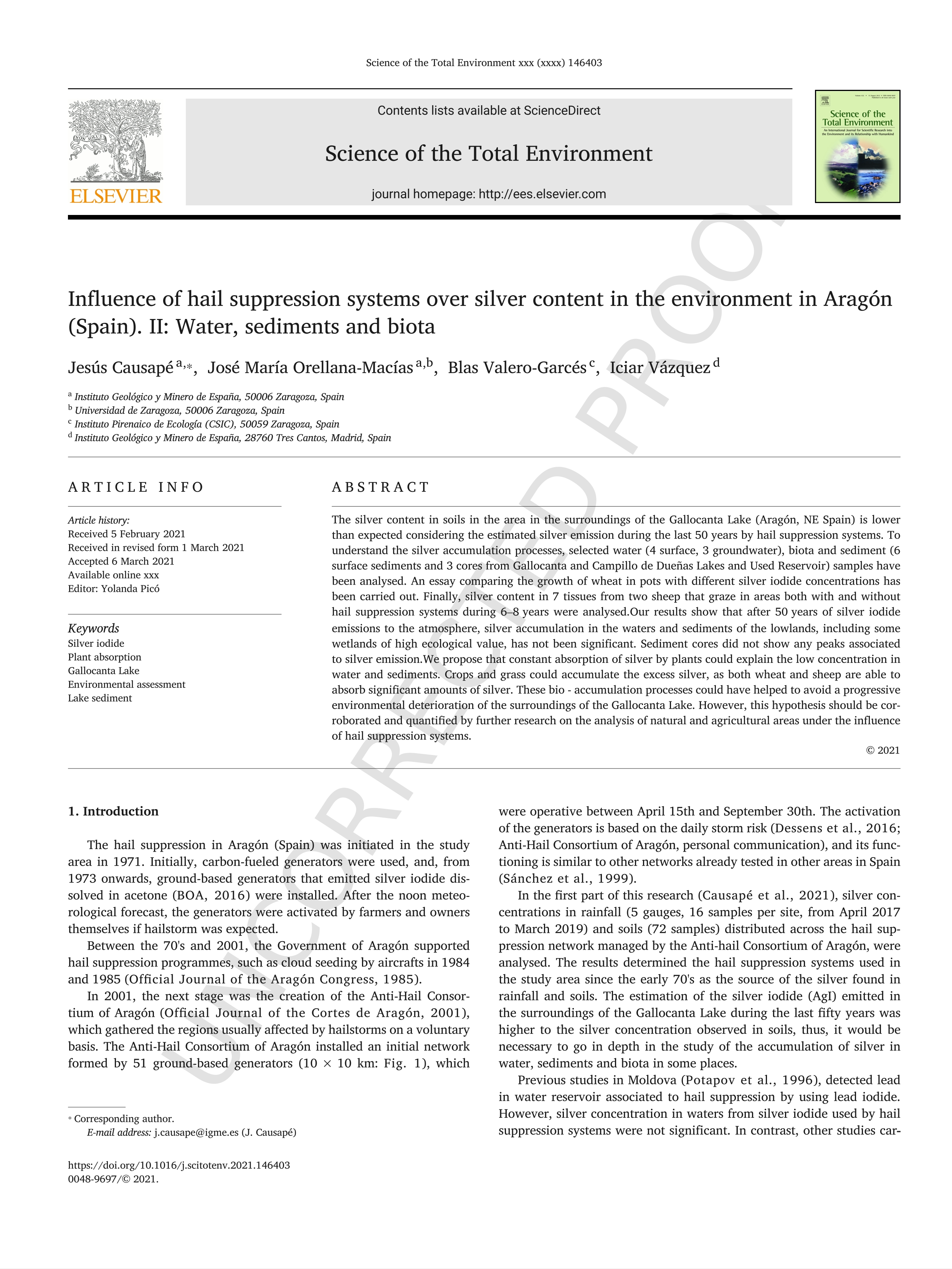 Influence of hail suppression systems over silver content in the environment in Aragón (Spain). II: Water, sediments and biota