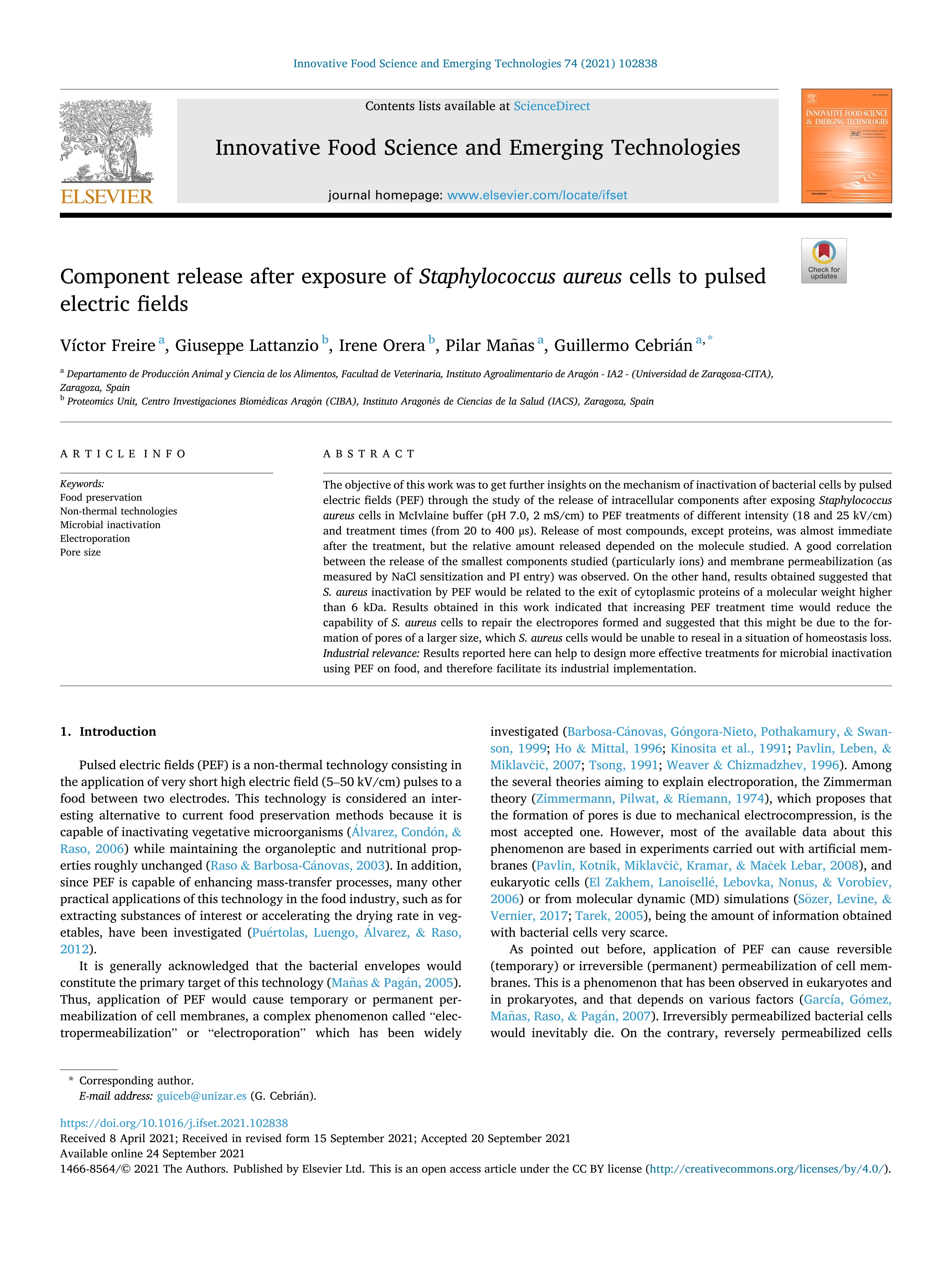 Component release after exposure of Staphylococcus aureus cells to pulsed electric fields