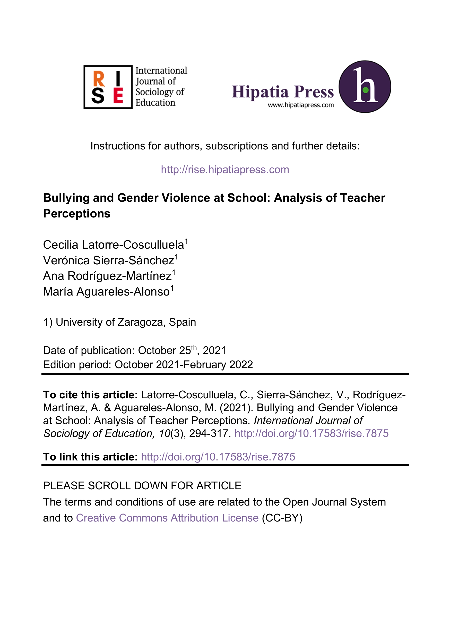 Bullying and gender violence at school: analysis of teacher perception