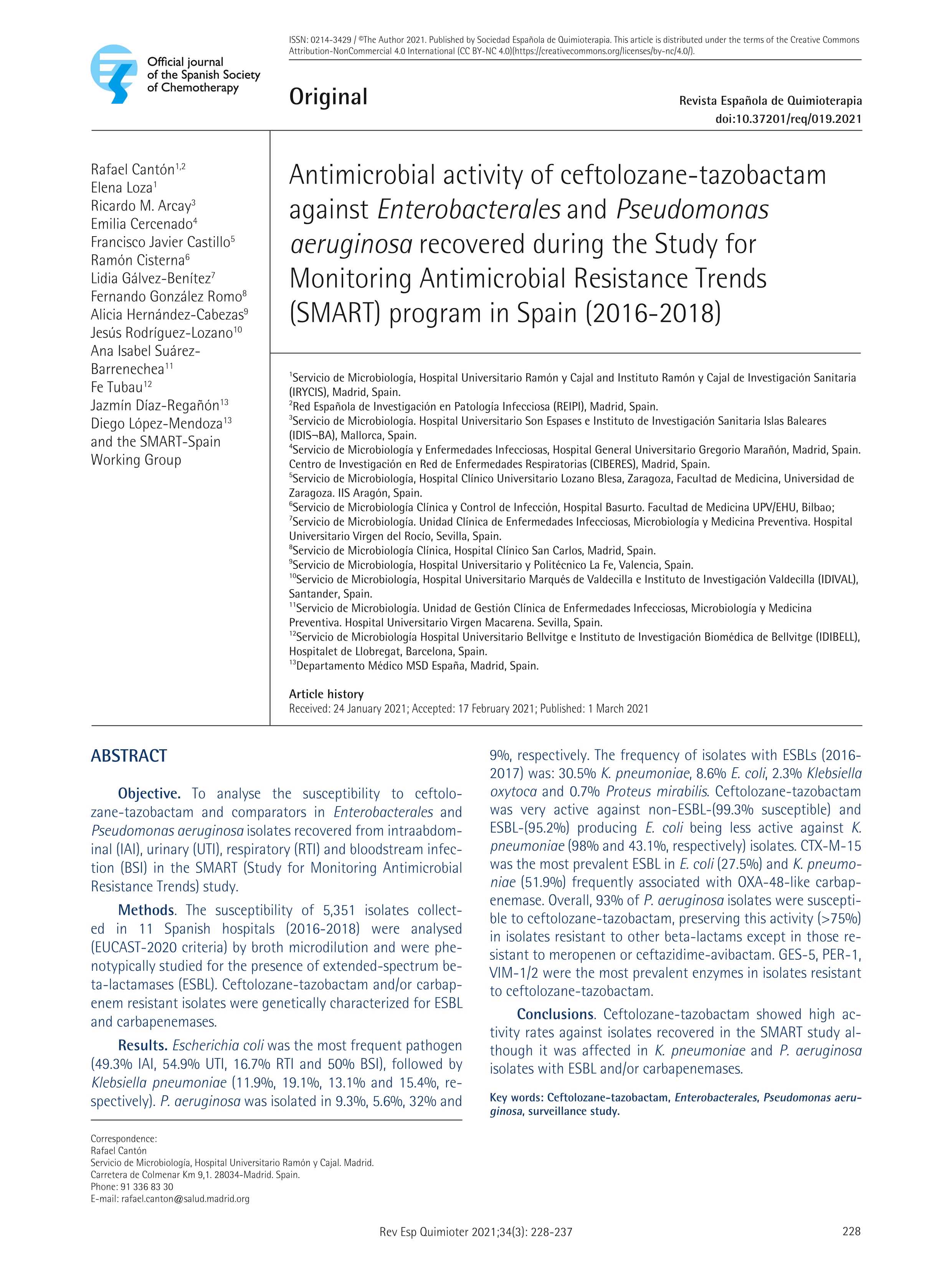 Antimicrobial activity of ceftolozane-tazobactam against Enterobacterales and Pseudomonas aeruginosa recovered during the Study for Monitoring Antimicrobial Resistance Trends (SMART) program in Spain (2016-2018)