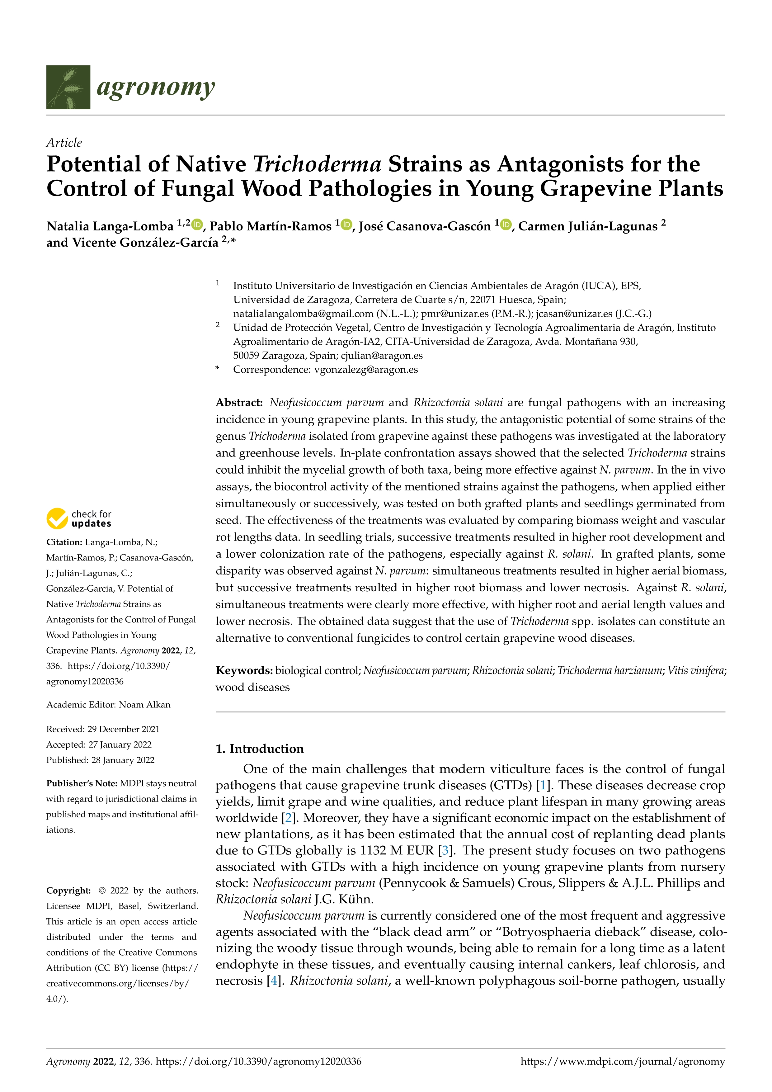 Potential of native Trichoderma strains as antagonists for the control of fungal wood pathologies in young grapevine plants