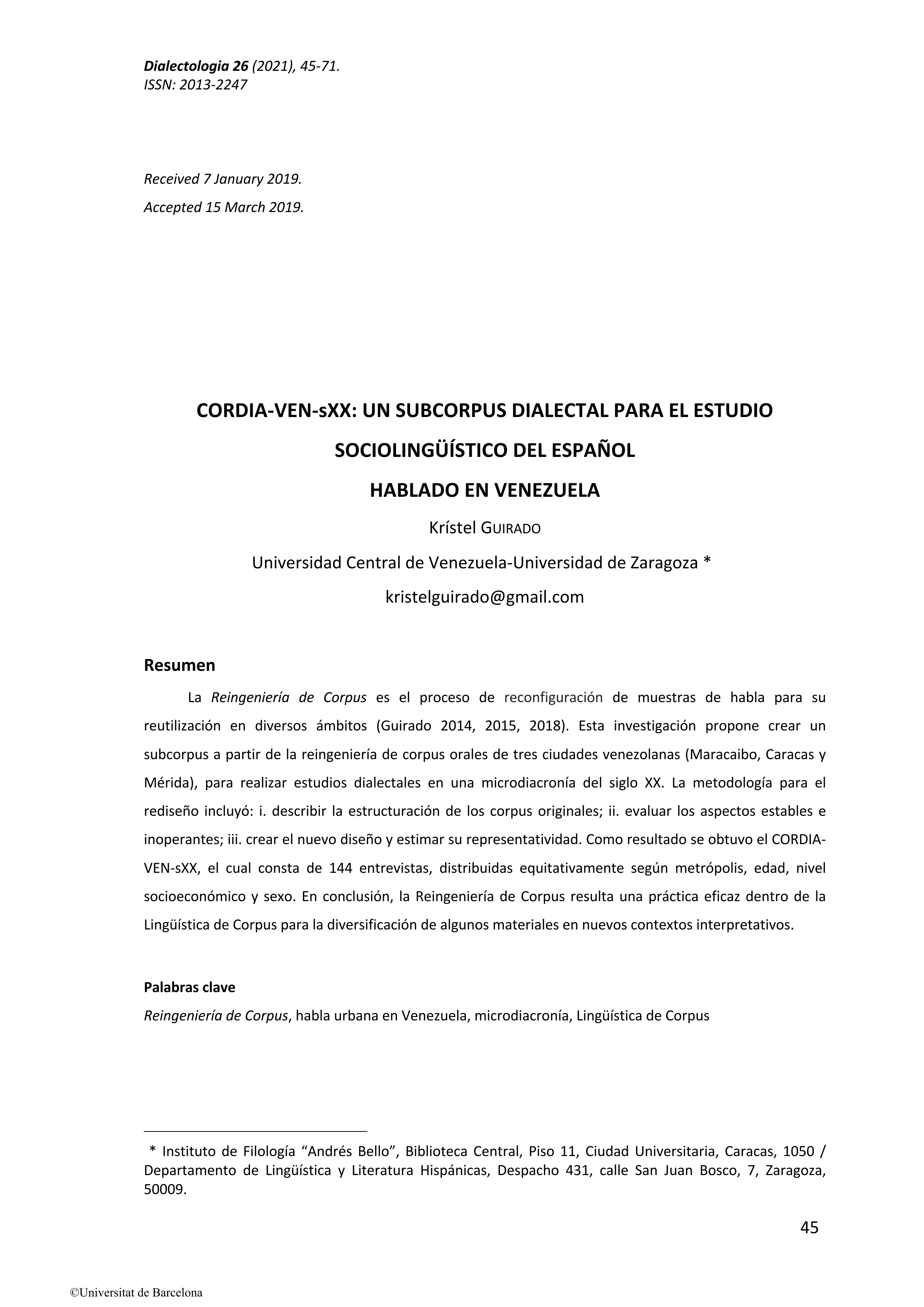 CORDIA-VEN-sXX: un subcorpus dialectal para el estudio sociolingüístico del español hablado en Venezuela
