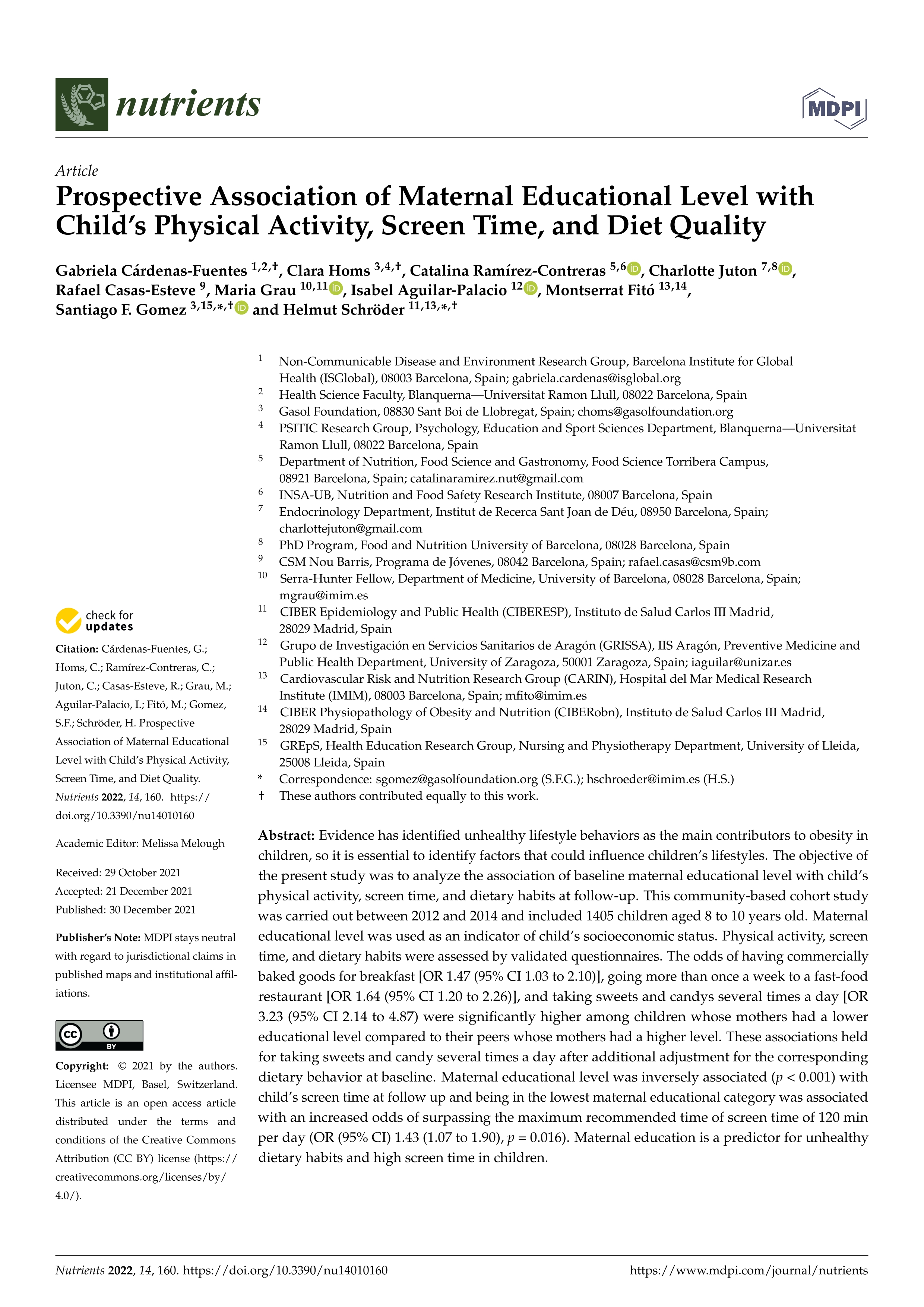 Prospective Association of Maternal Educational Level with Child''s Physical Activity, Screen Time, and Diet Quality