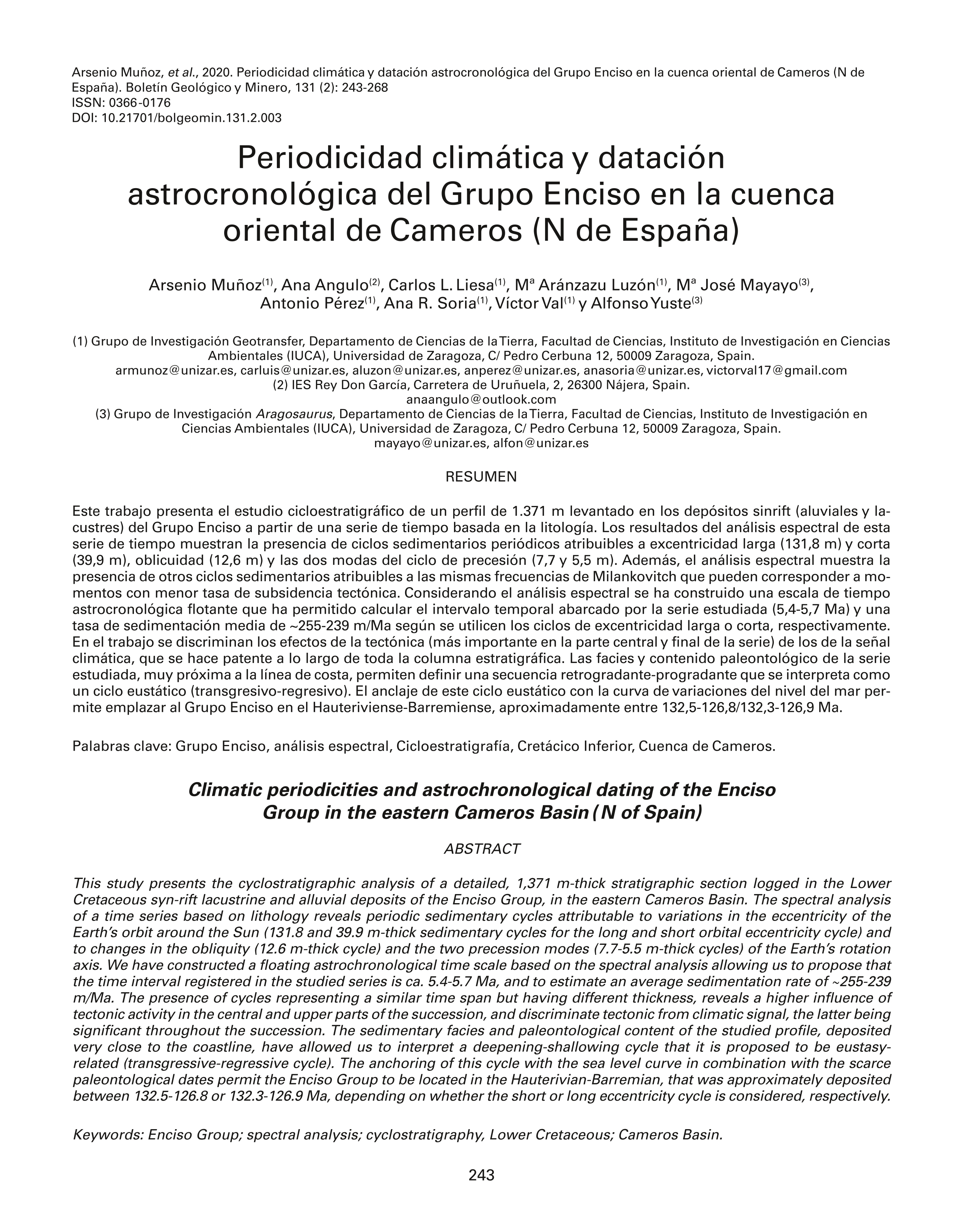 Periodicidad climática y datación astrocronológica del Grupo Enciso en la cuenca oriental de Cameros (N de España)