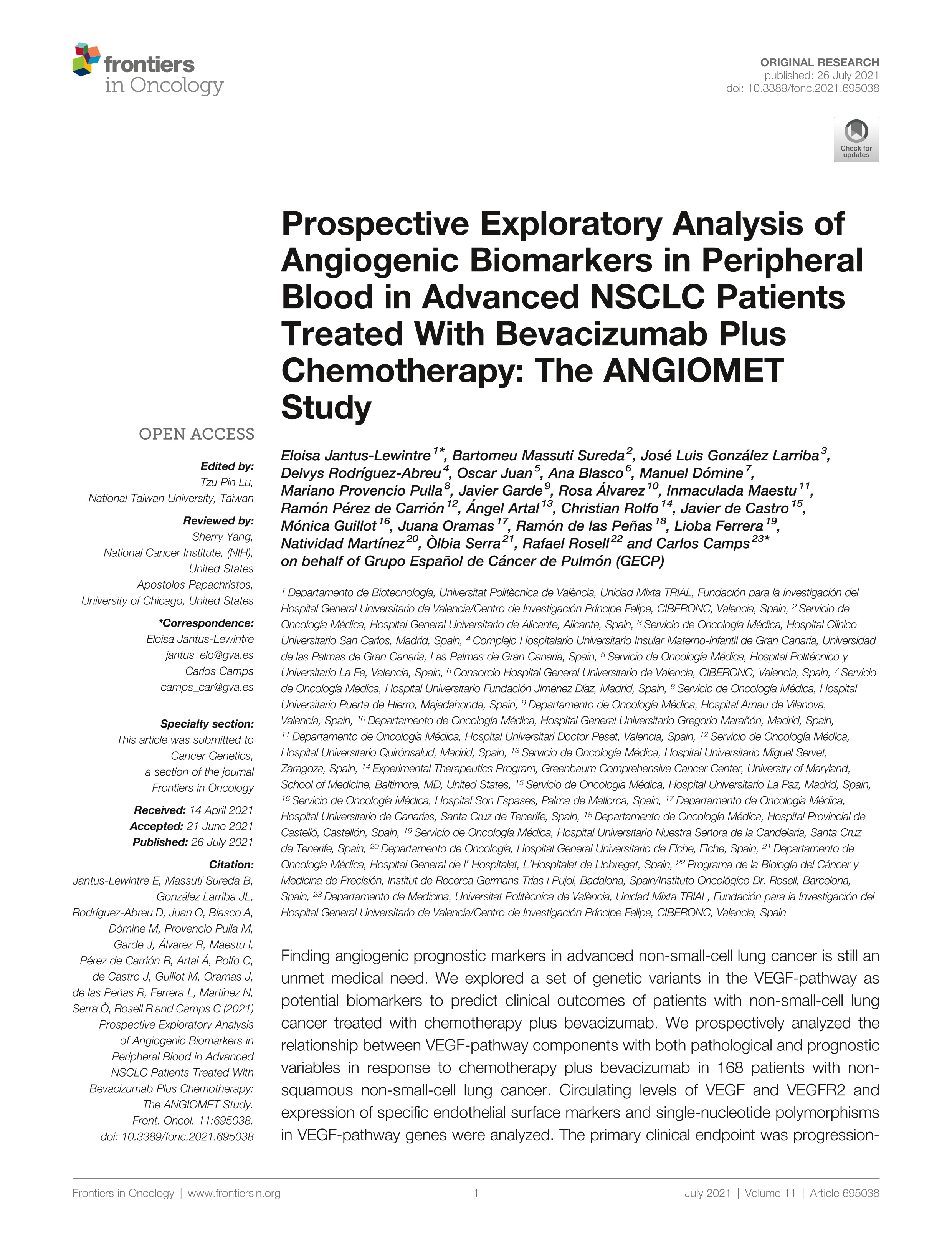 Prospective Exploratory Analysis of Angiogenic Biomarkers in Peripheral Blood in Advanced NSCLC Patients Treated With Bevacizumab Plus Chemotherapy: The ANGIOMET Study