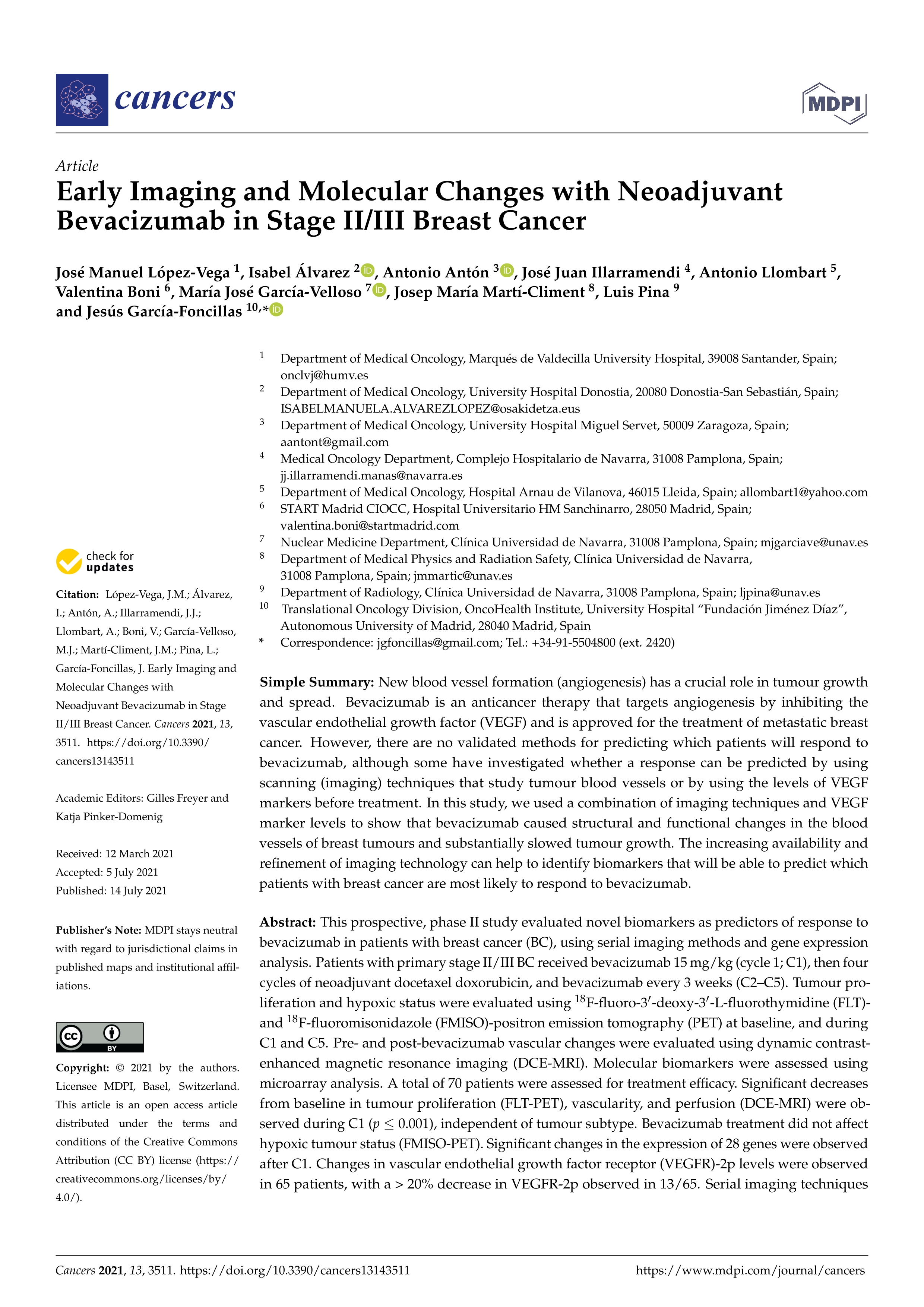 Early imaging and molecular changes with neoadjuvant bevacizumab in stage ii/iii breast cancer