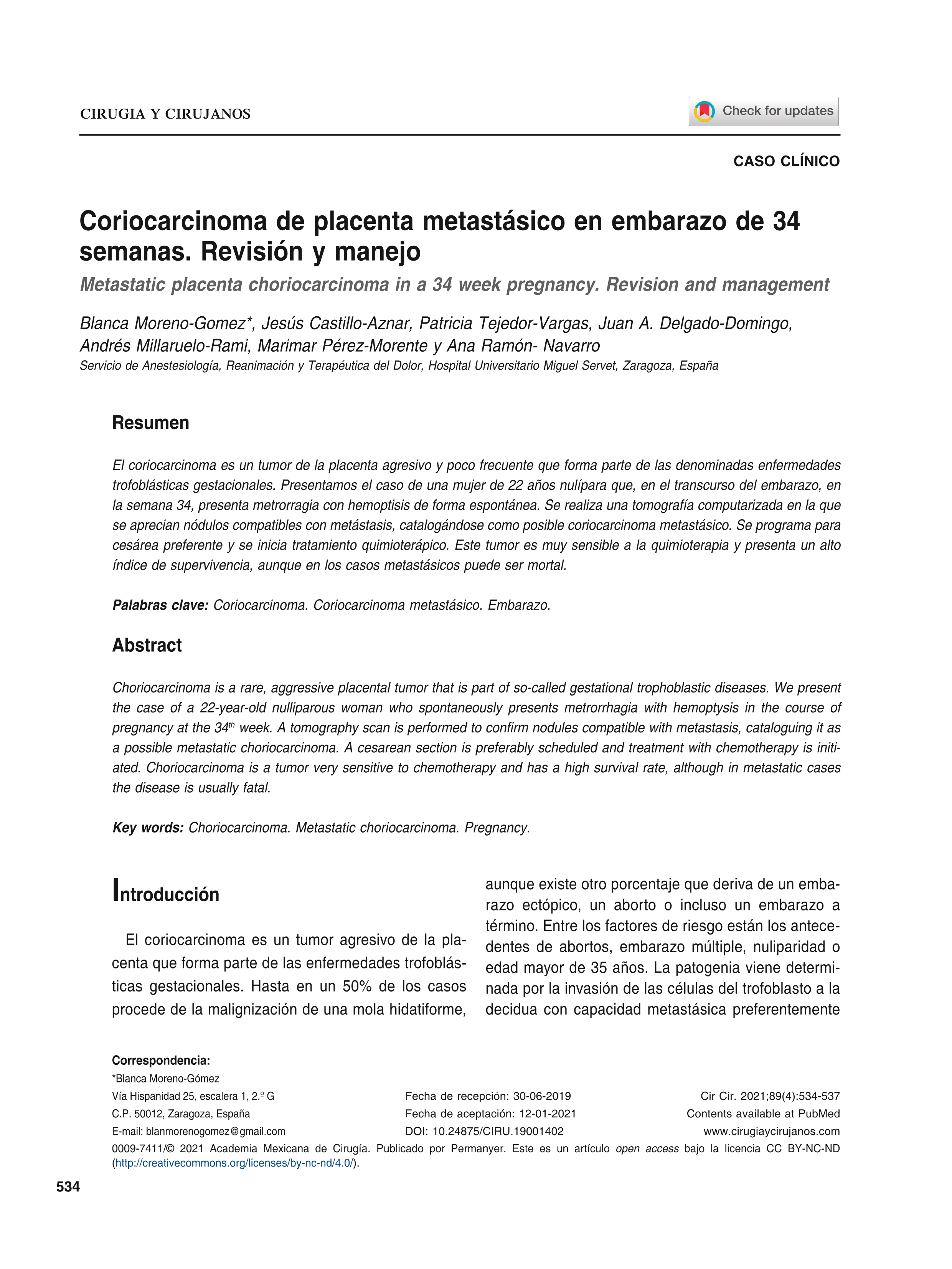 Coriocarcinoma de placenta metastásico en embarazo de 34 semanas. Revisión y manejo