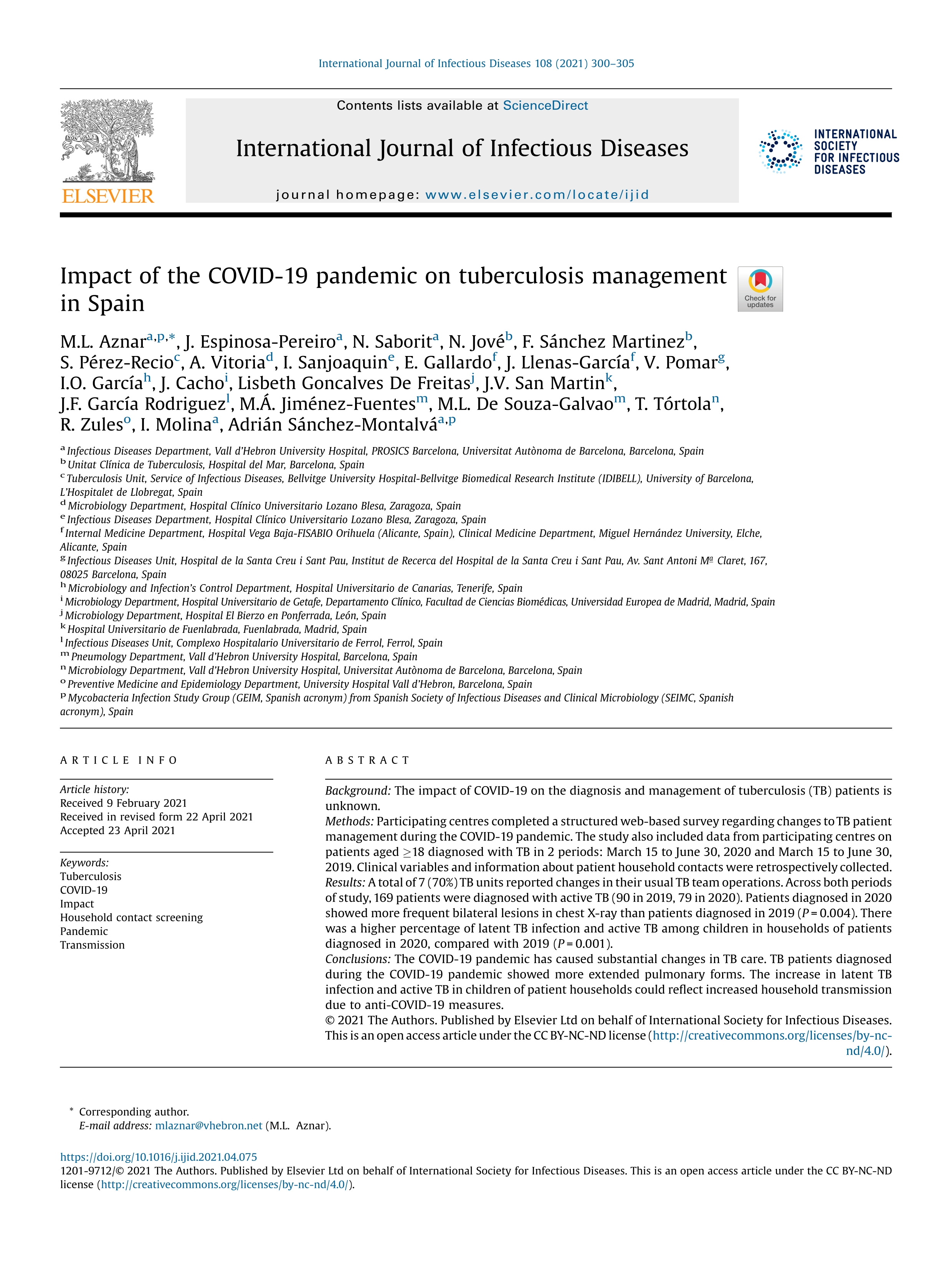 Impact of the COVID-19 pandemic on tuberculosis management in Spain