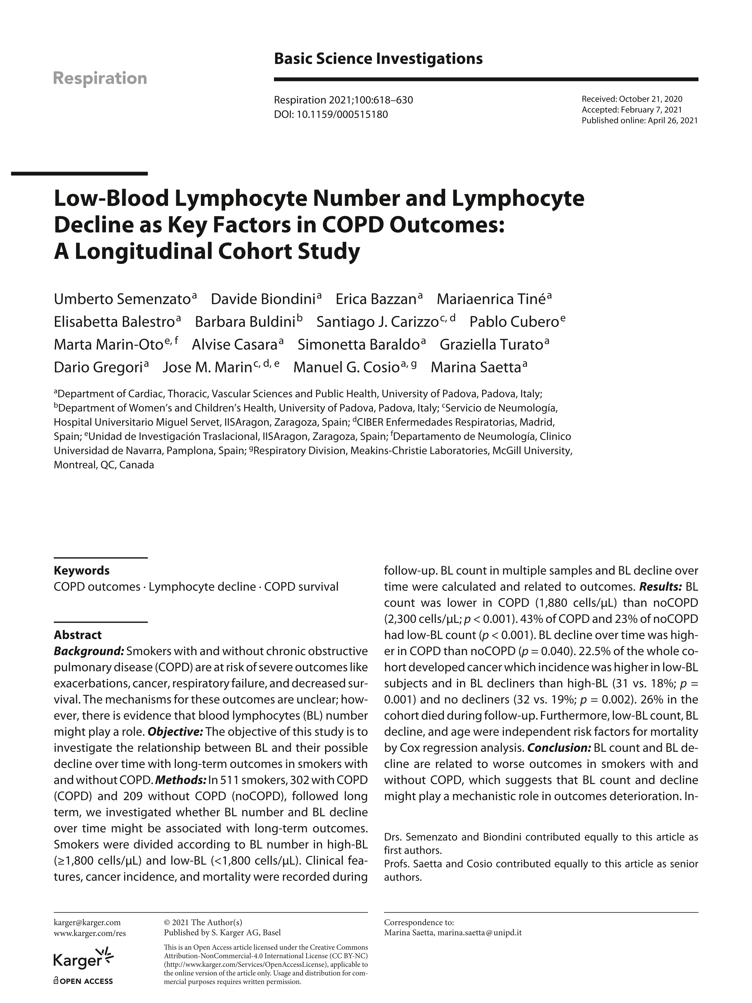 Low-blood lymphocyte number and lymphocyte decline as key factors in COPD outcomes: a longitudinal cohort study