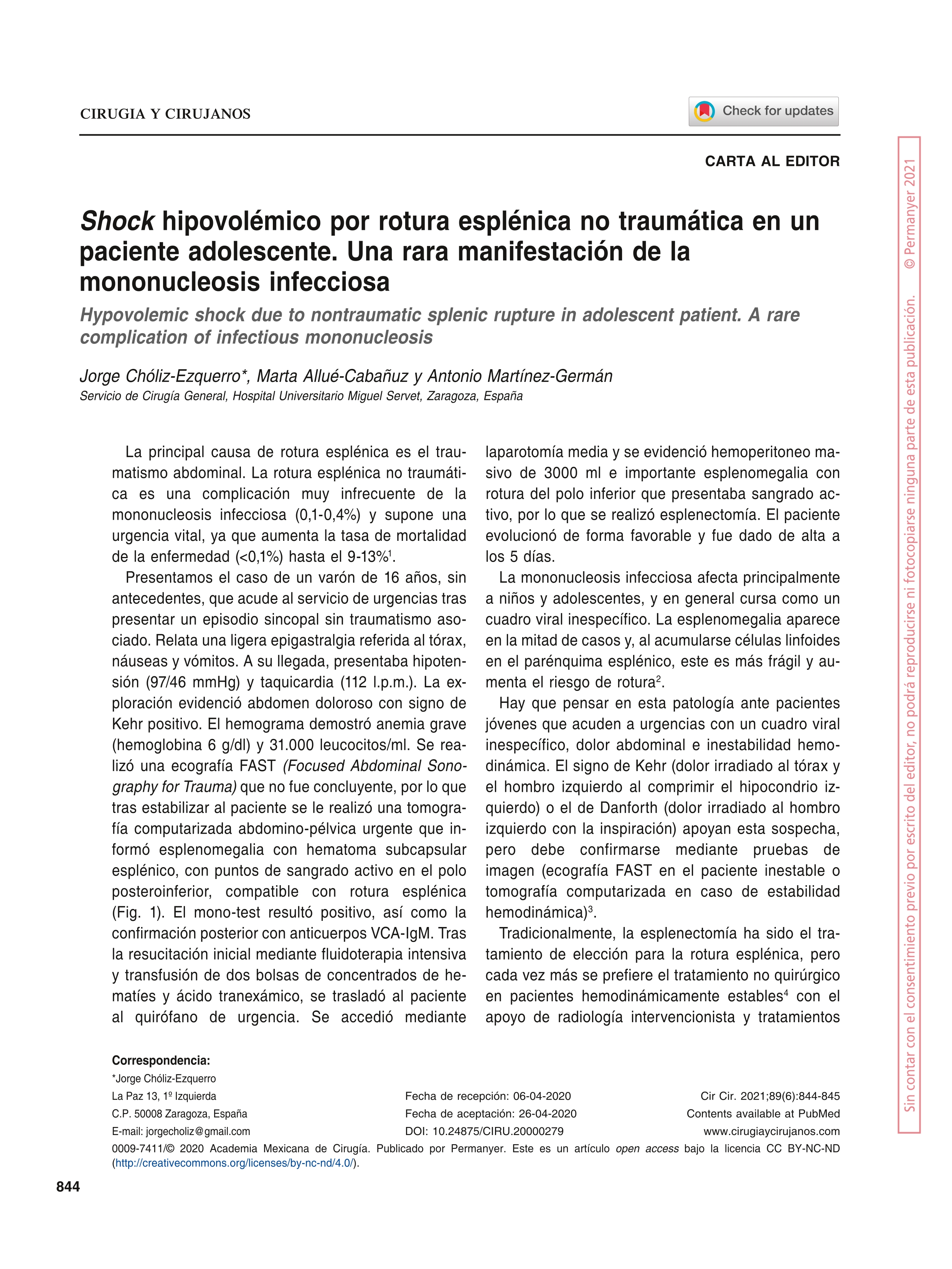 Shock hipovolémico por rotura esplénica no traumática en un paciente adolescente. Una rara manifestación de la mononucleosis infecciosa