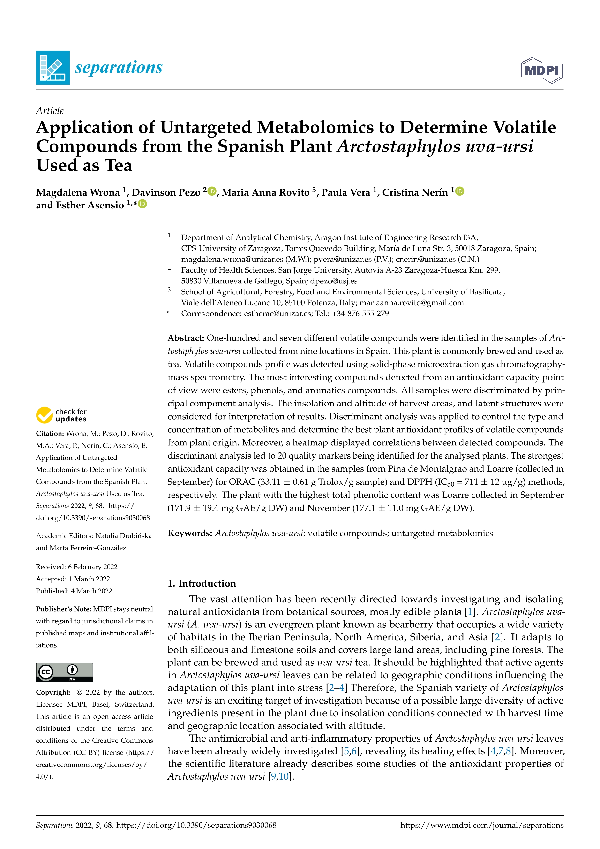 Application of untargeted metabolomics to determine volatile compounds from the Spanish plant Arctostaphylos uva-ursi used as tea