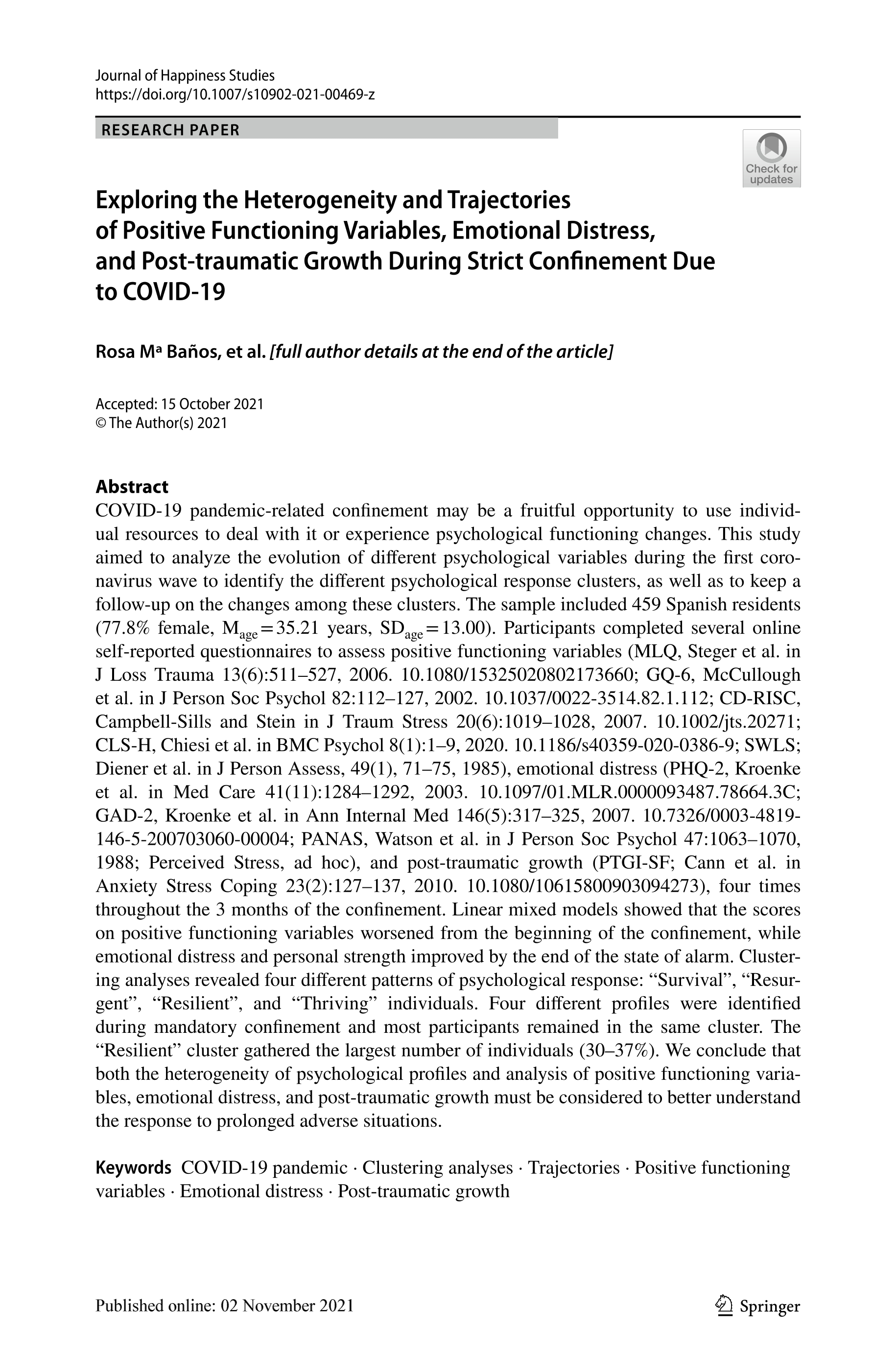 Exploring the Heterogeneity and Trajectories of Positive Functioning Variables, Emotional Distress, and Post-traumatic Growth During Strict Confinement Due to COVID-19