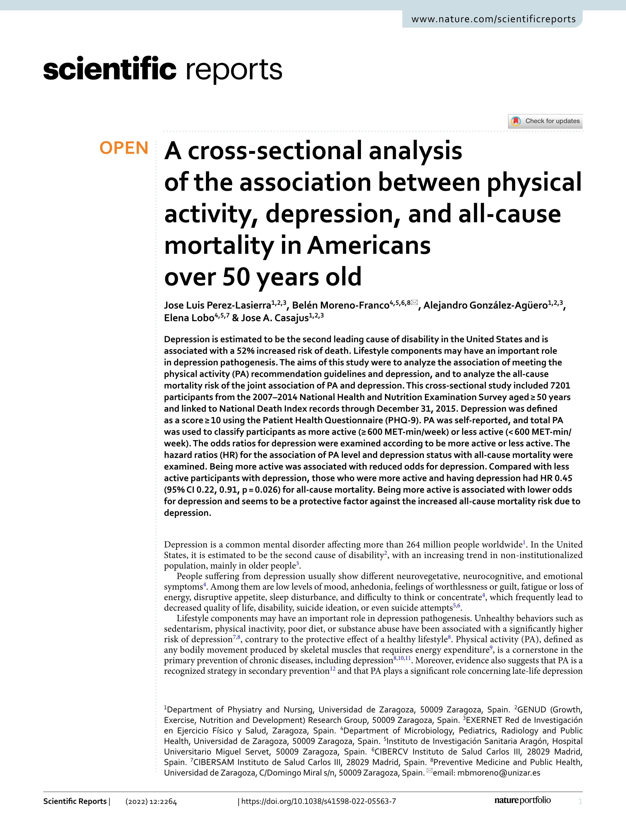 A cross-sectional analysis of the association between physical activity, depression, and all-cause mortality in Americans over 50 years old