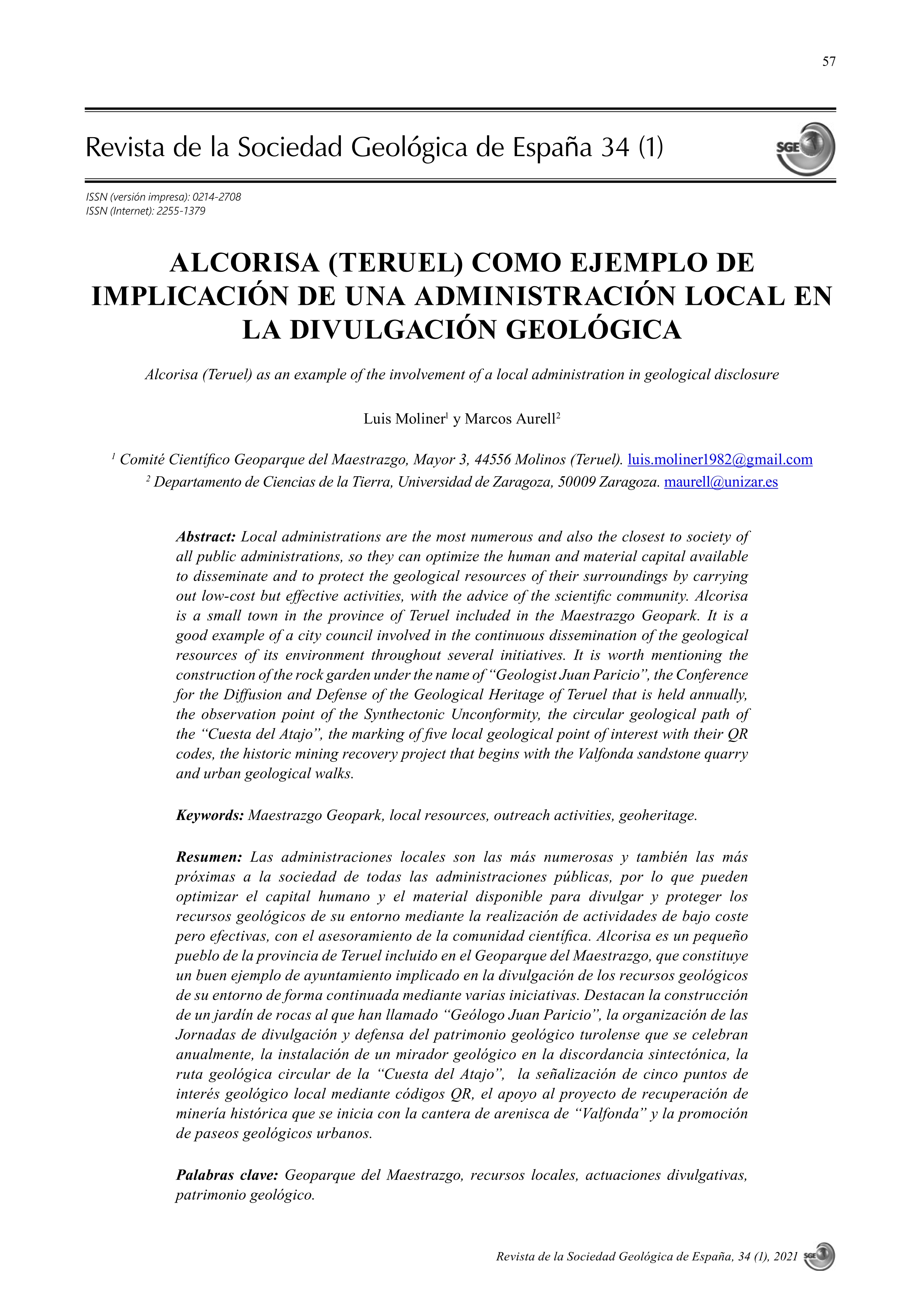 Alcorisa (Teruel) como ejemplo de implicación de una administración local en la divulgación geológica