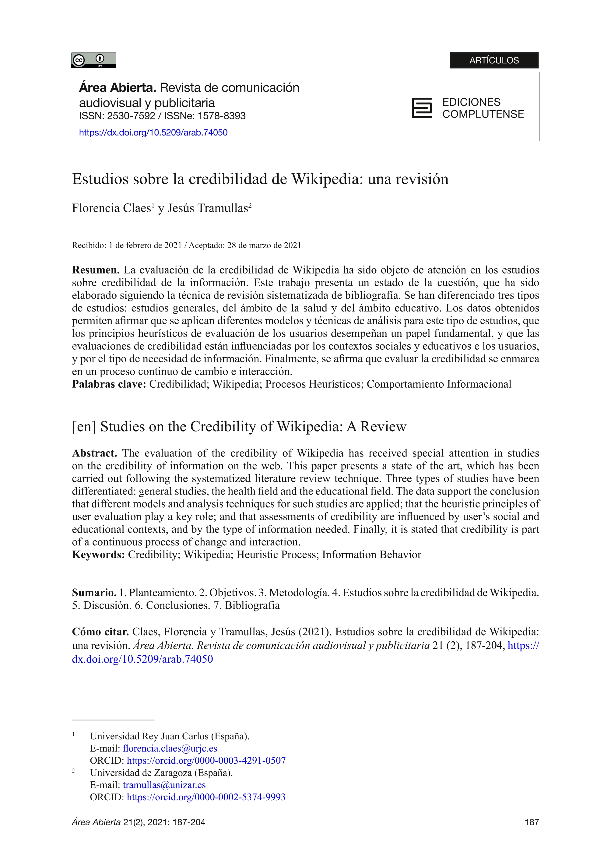 Estudios sobre la credibilidad de Wikipedia: una revisión