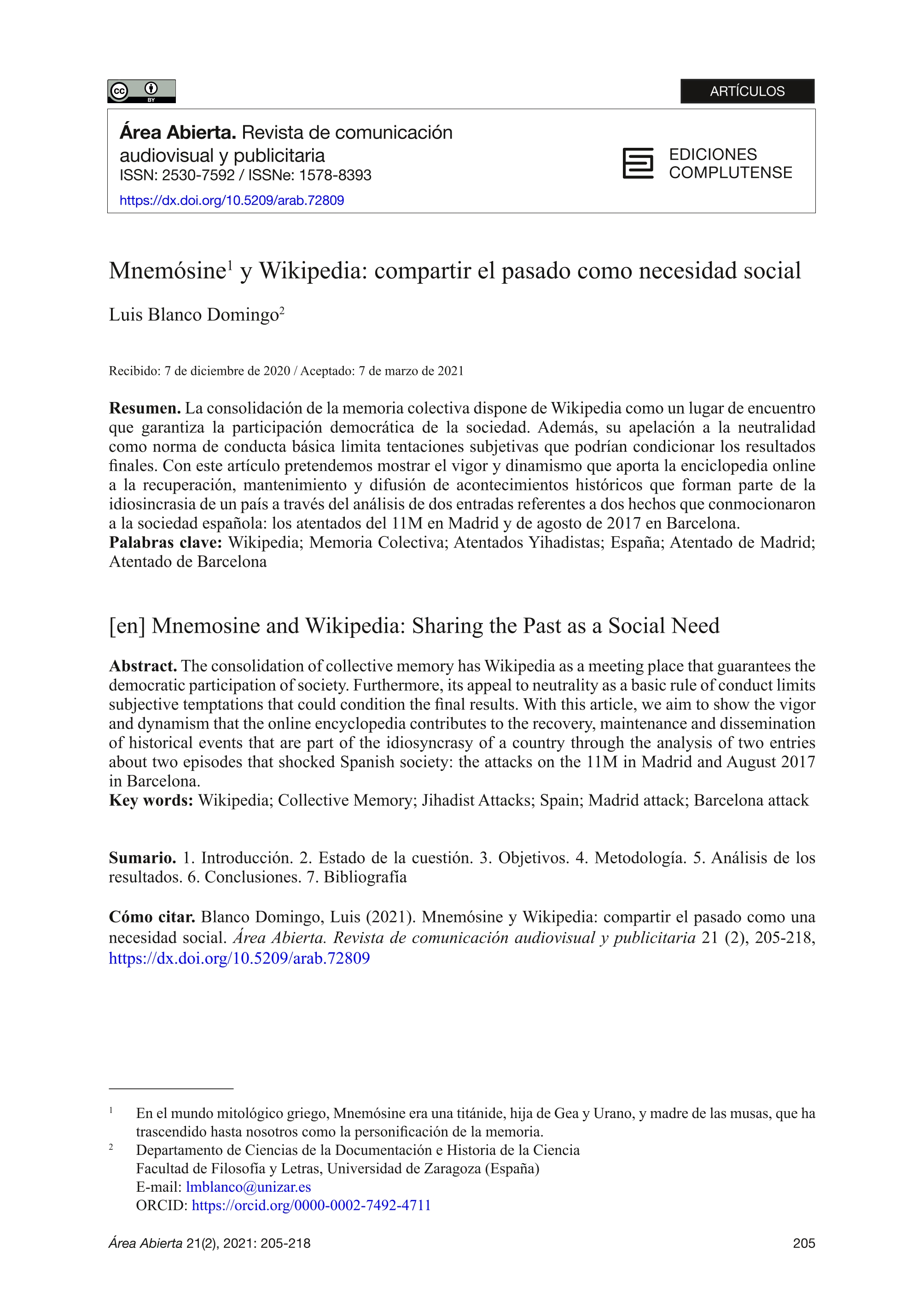 Mnemósine y Wikipedia: compartir el pasado como necesidad social