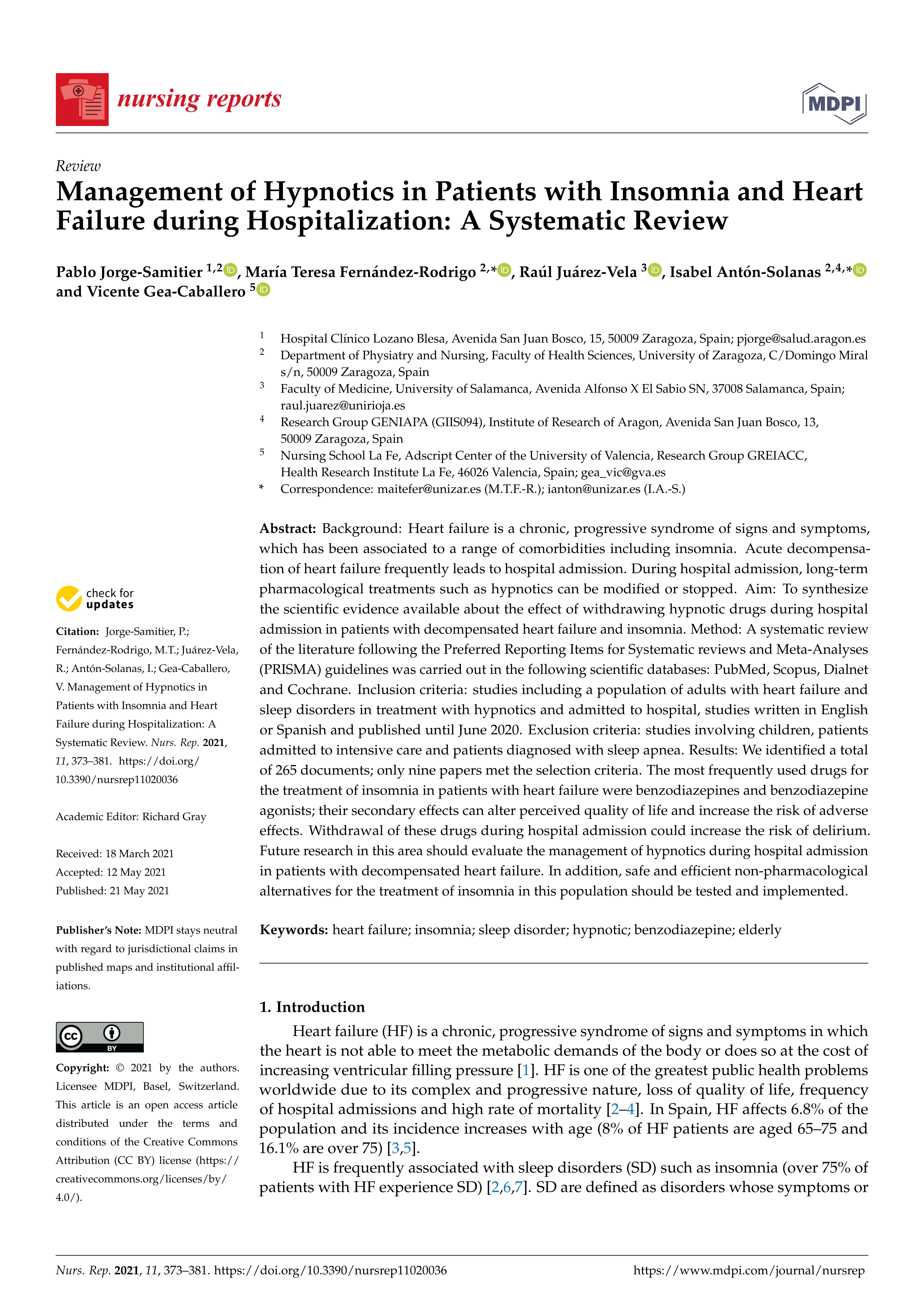 Management of Hypnotics in Patients with Insomnia and Heart Failure during Hospitalization: A Systematic Review