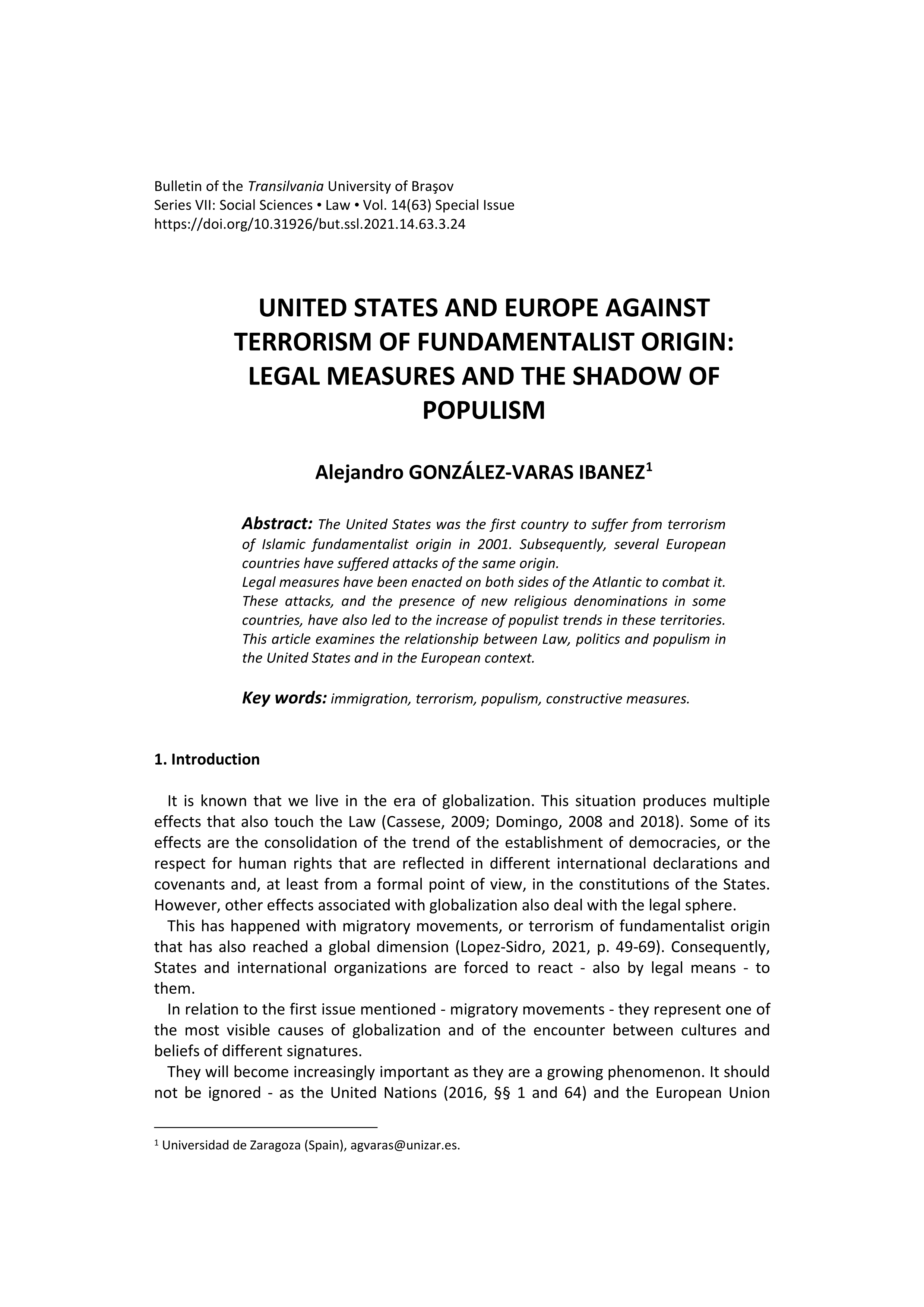 United States and Europe against Terrorism of Fundamentalist Origin: Legal Measures and the Shadow of Populism