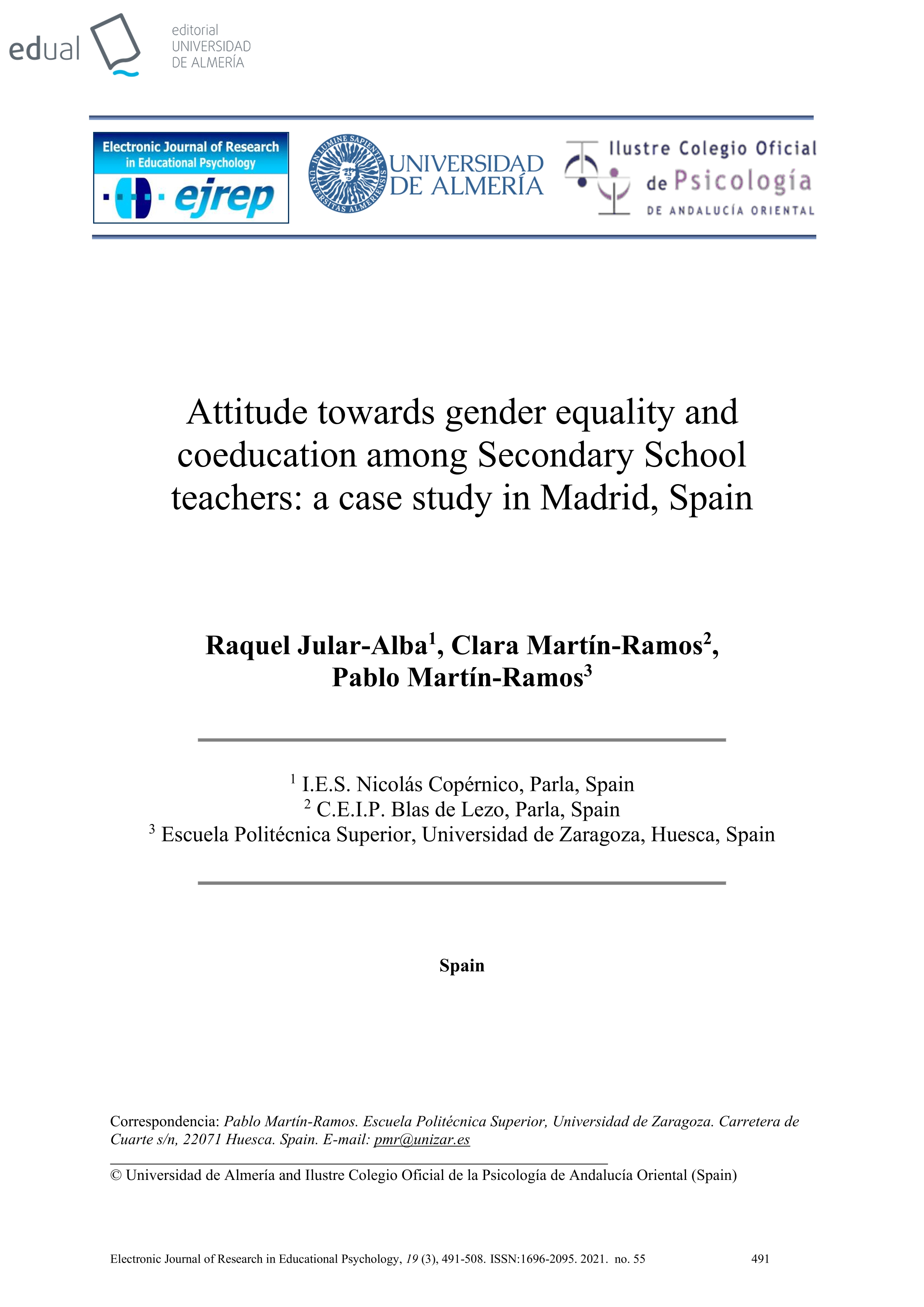 Attitude towards gender equality and coeducation among Secondary School teachers: a case study in Madrid, Spain