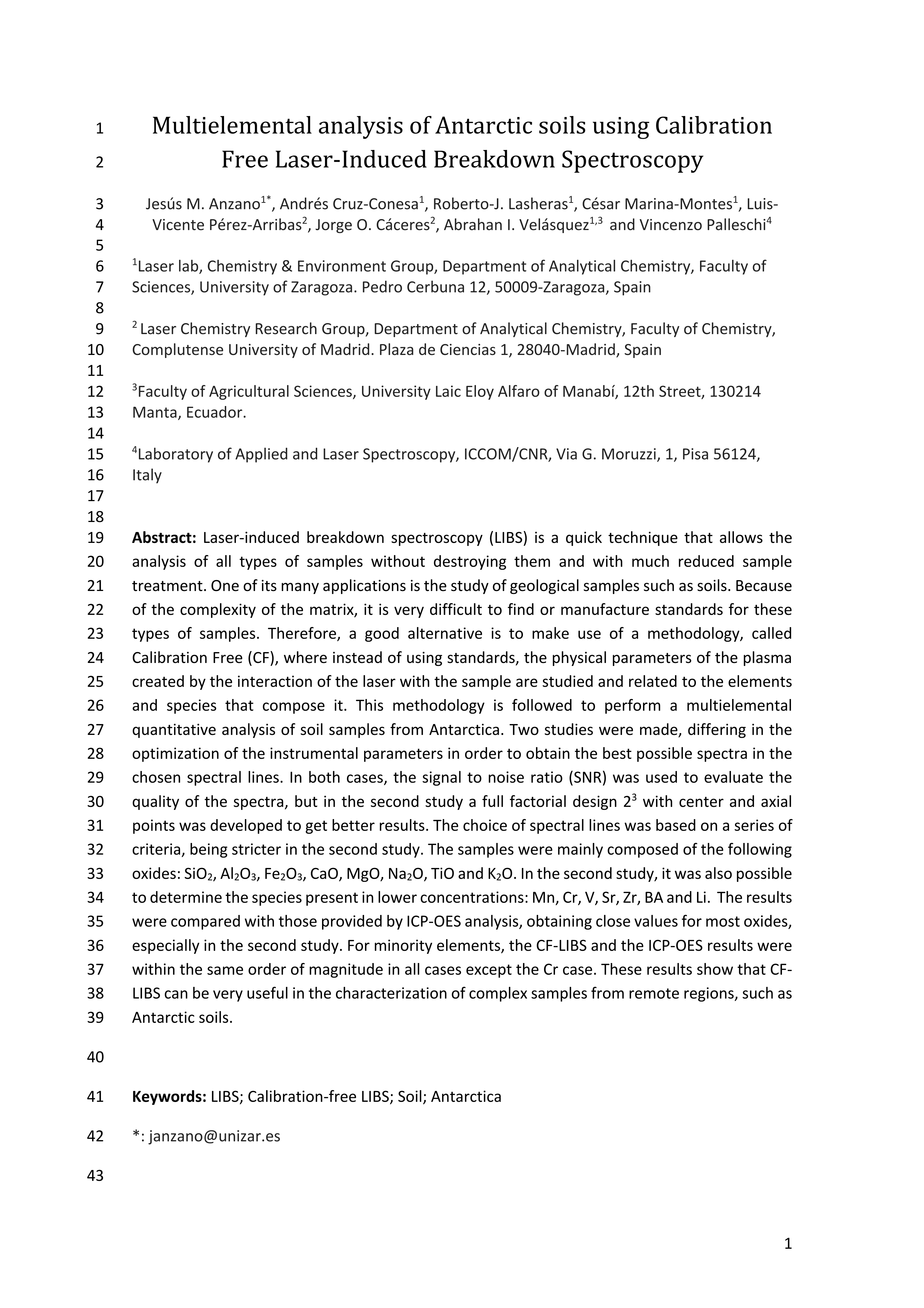 Multielemental analysis of Antarctic soils using calibration free laser-induced breakdown spectroscopy