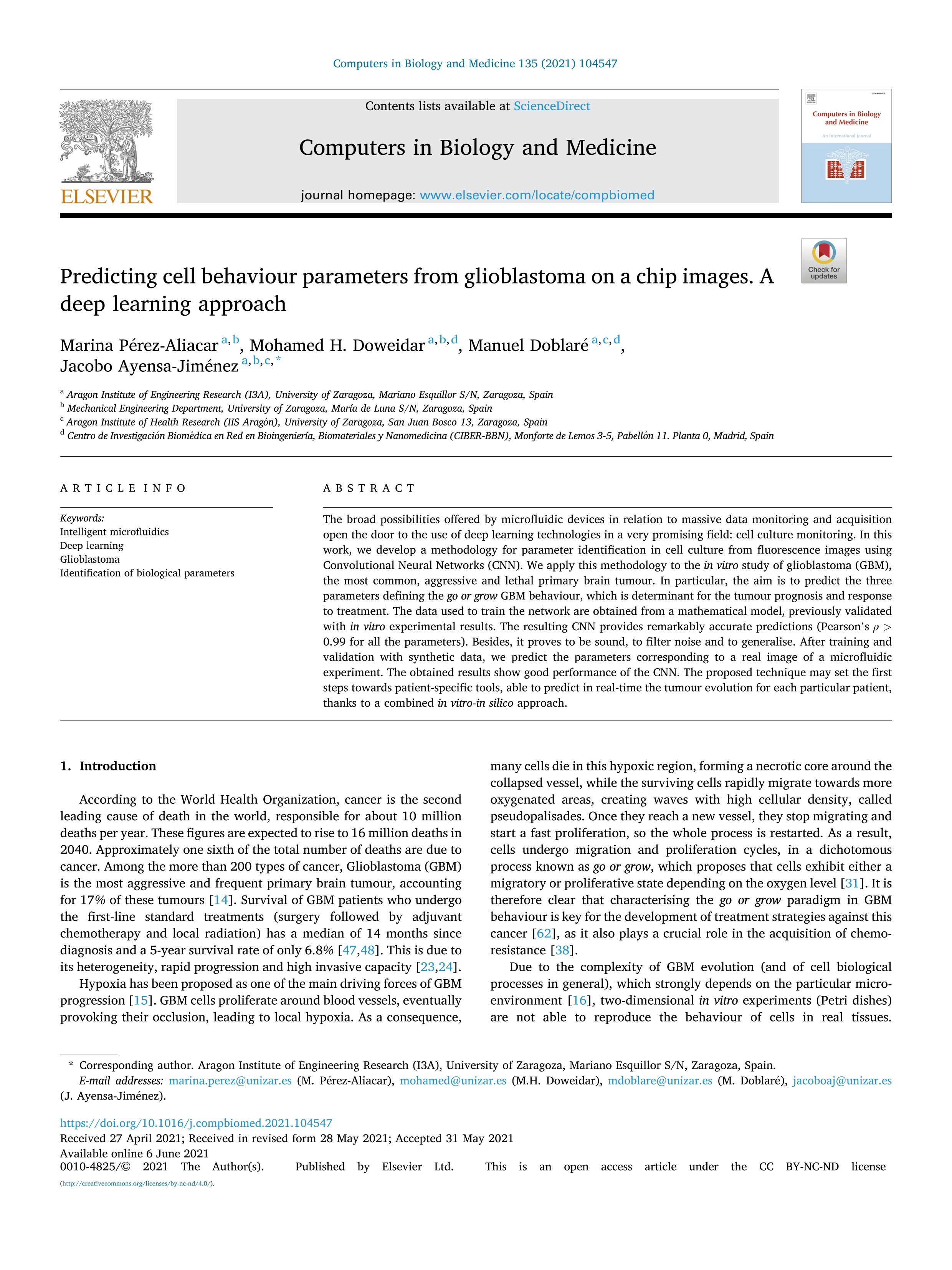 Predicting cell behaviour parameters from glioblastoma on a chip images. A deep learning approach