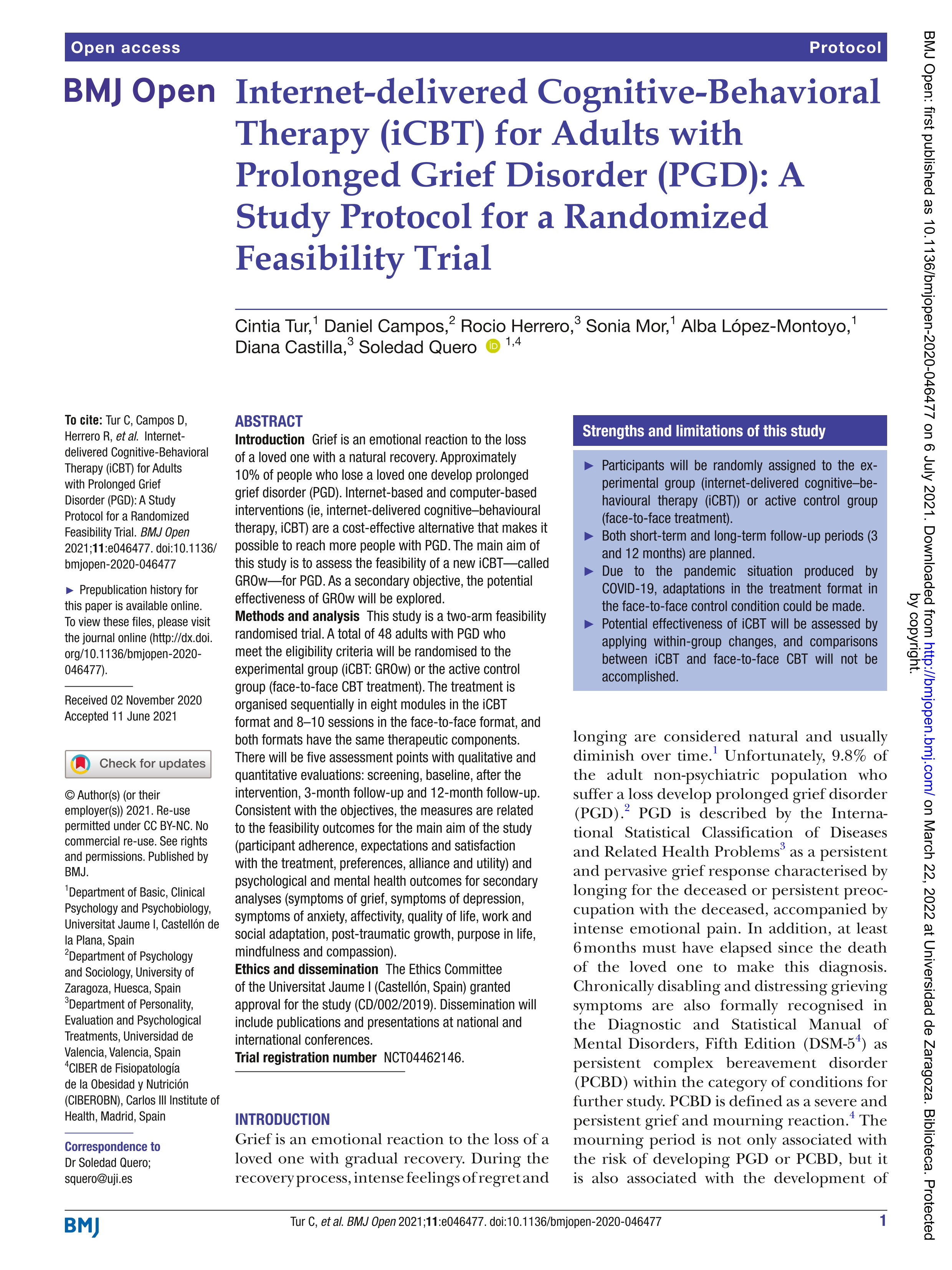 Internet-delivered Cognitive-Behavioral Therapy (iCBT) for Adults with Prolonged Grief Disorder (PGD): A Study Protocol for a Randomized Feasibility Trial