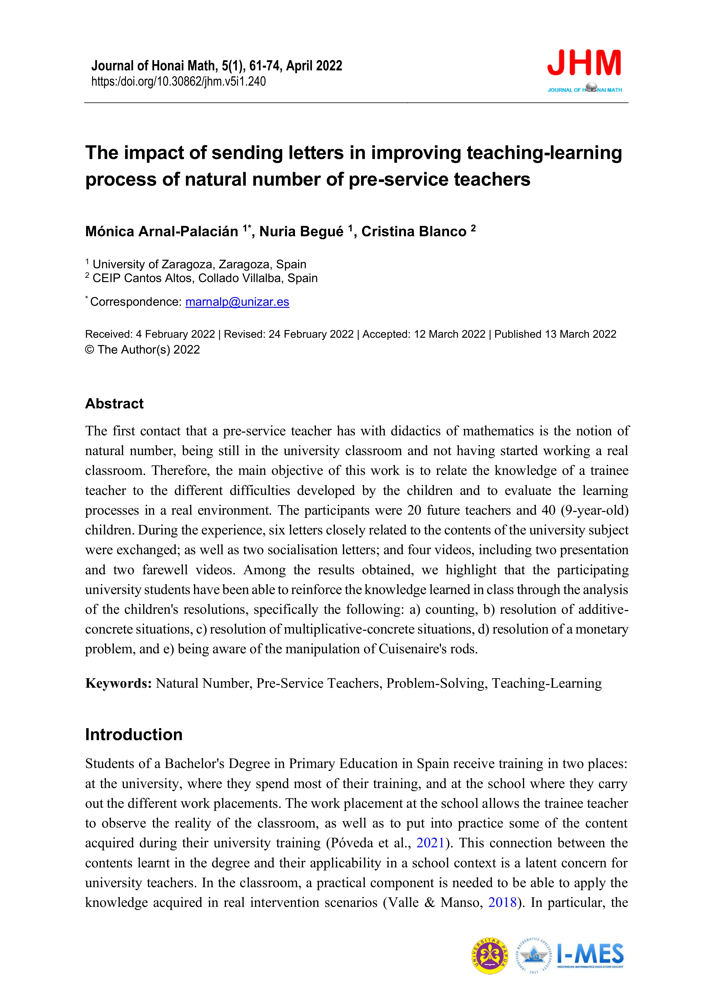 The impact of sending letters in improving teaching-learning process of natural number of pre-service teachers