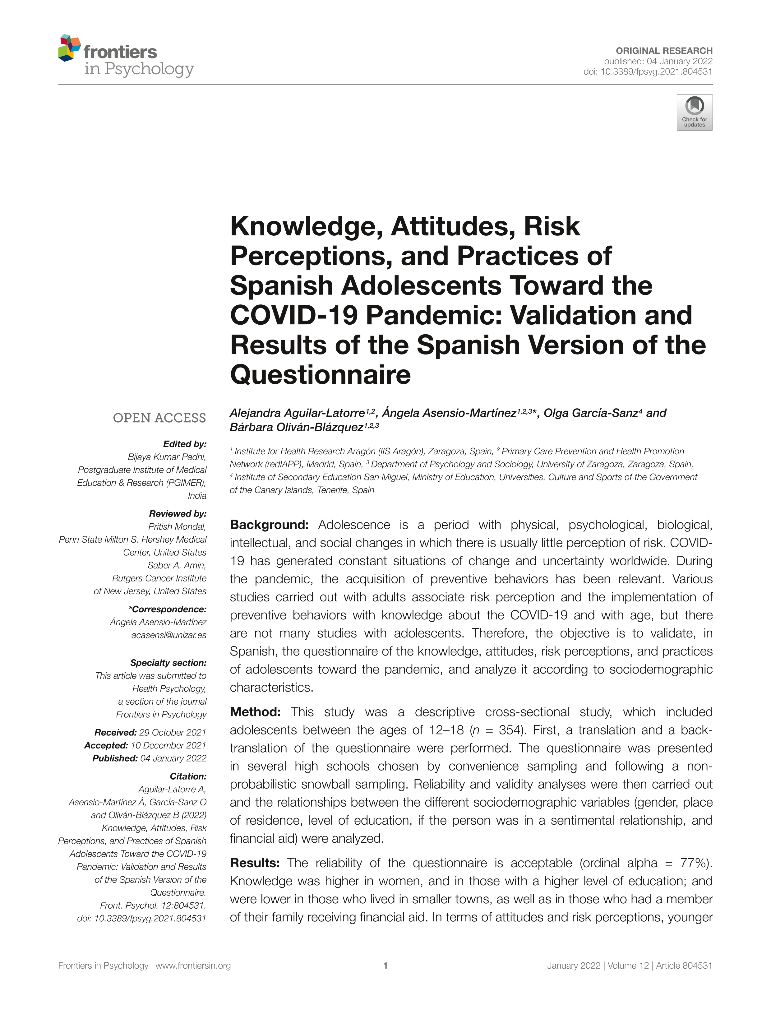 Knowledge, Attitudes, Risk Perceptions, and Practices of Spanish Adolescents Toward the COVID-19 Pandemic: Validation and Results of the Spanish Version of the Questionnaire