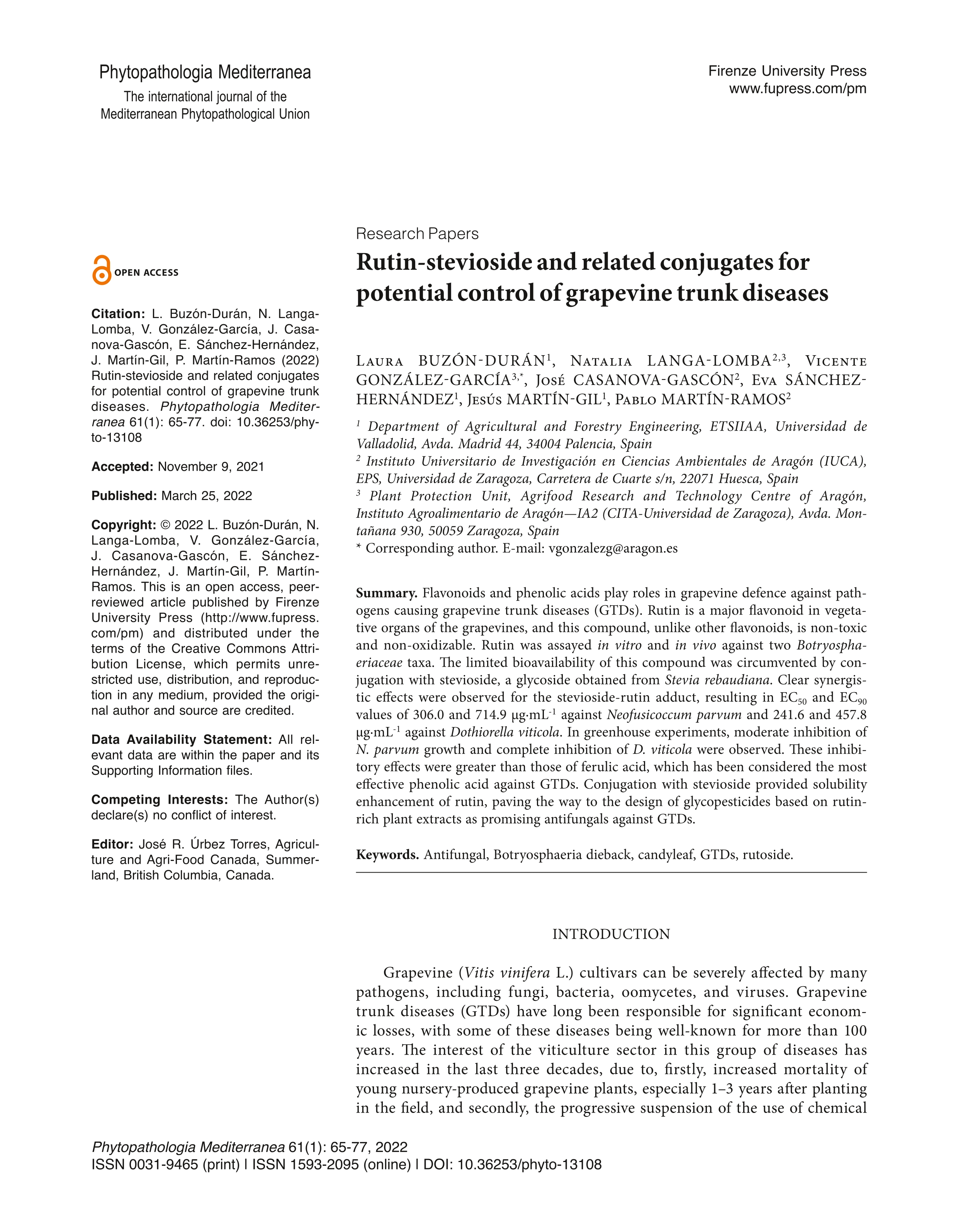 Rutin-stevioside and related conjugates for potential control of grapevine trunk diseases