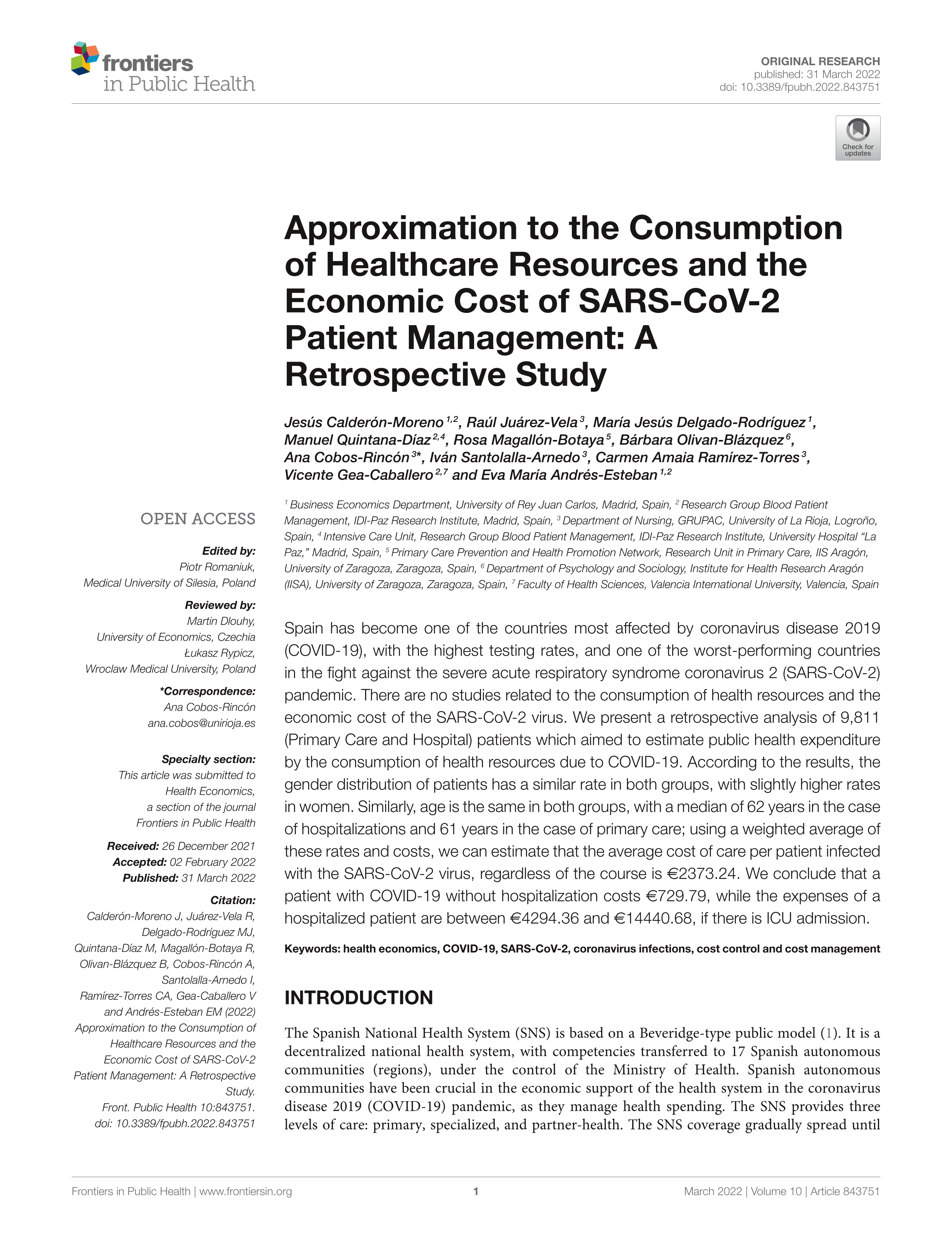 Approximation to the Consumption of Healthcare Resources and the Economic Cost of SARS-CoV-2 Patient Management: A Retrospective Study