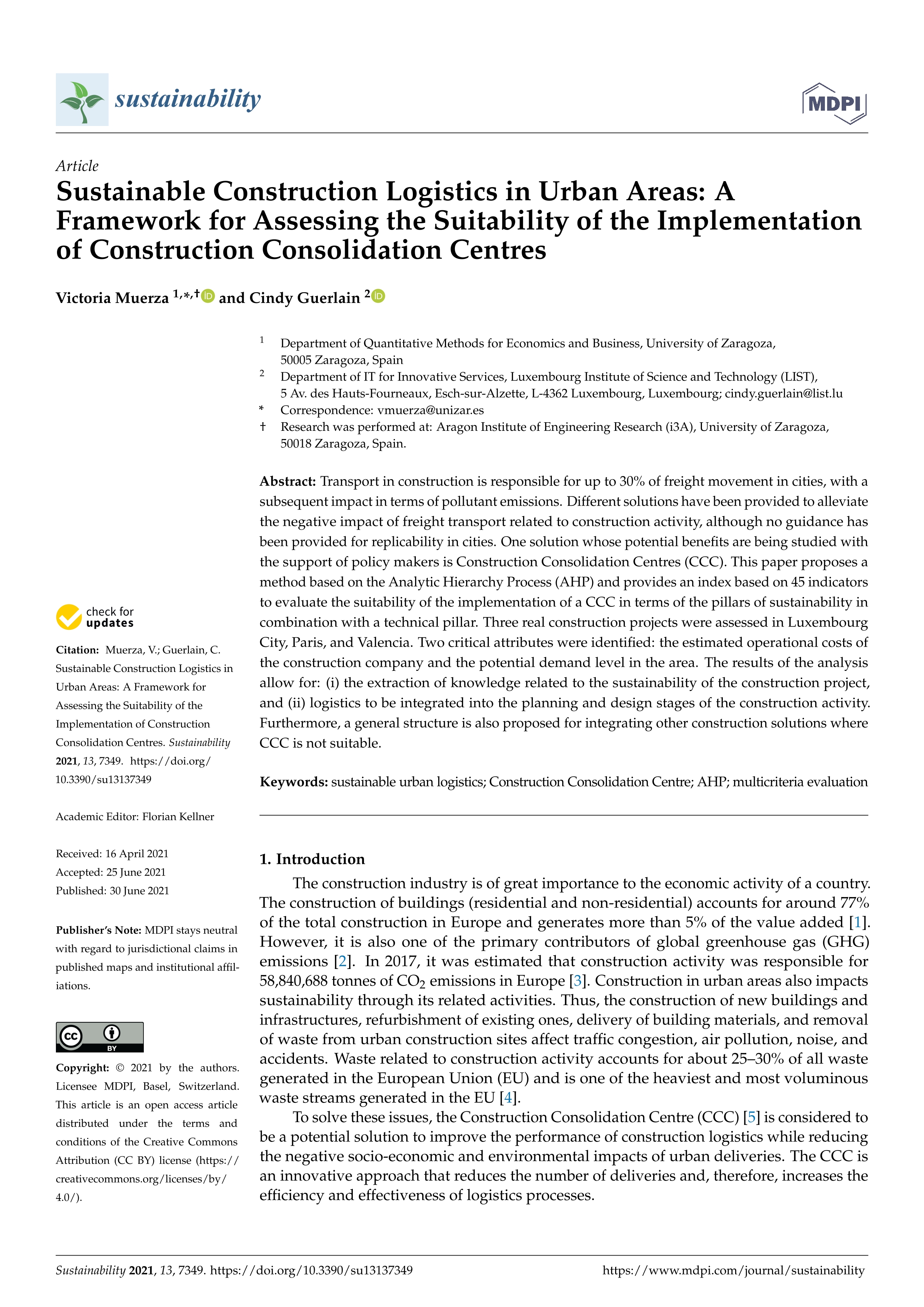 Sustainable construction logistics in urban areas: A framework for assessing the suitability of the implementation of construction consolidation centres