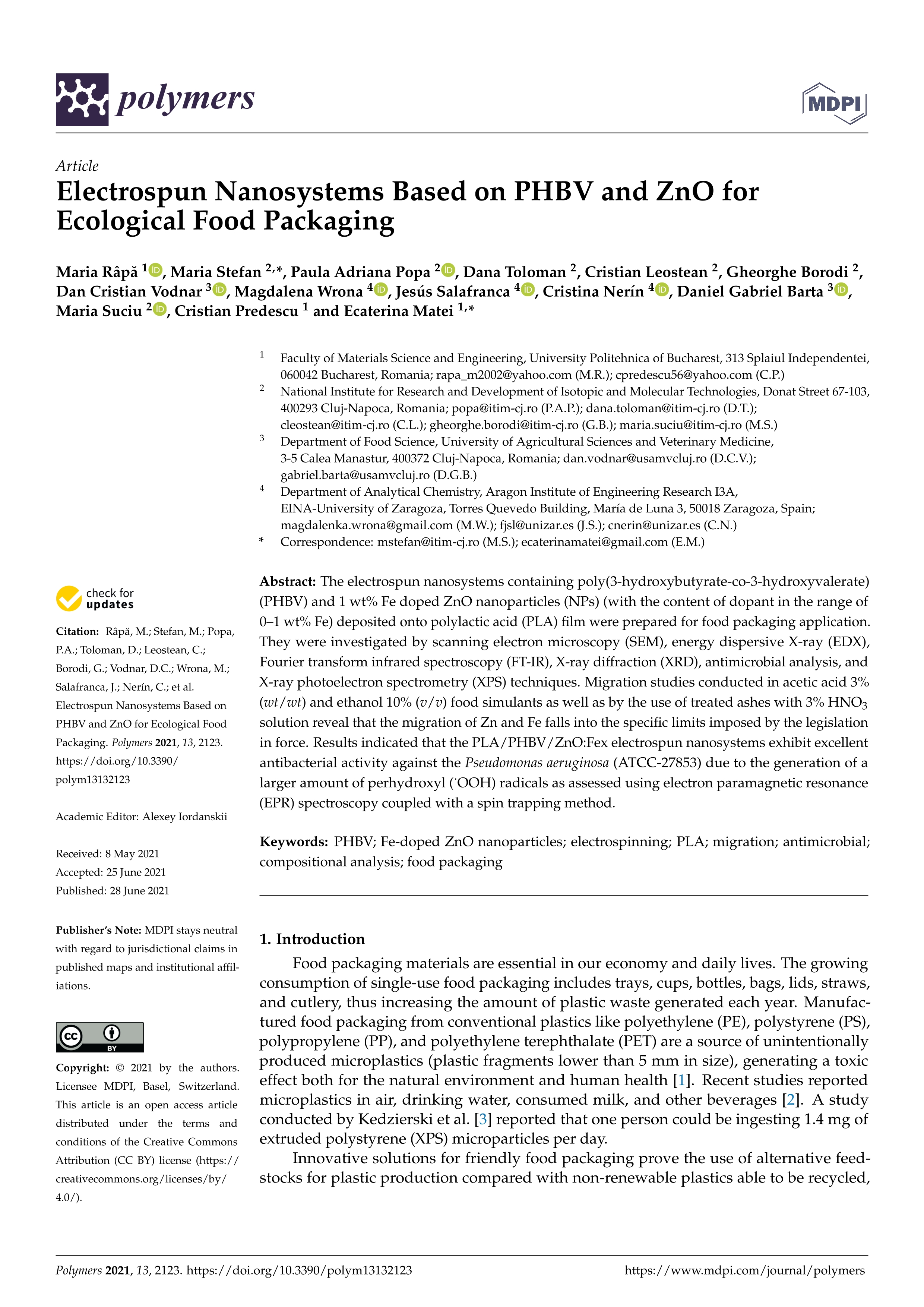 Electrospun nanosystems based on PHBV and ZnO for ecological food packaging