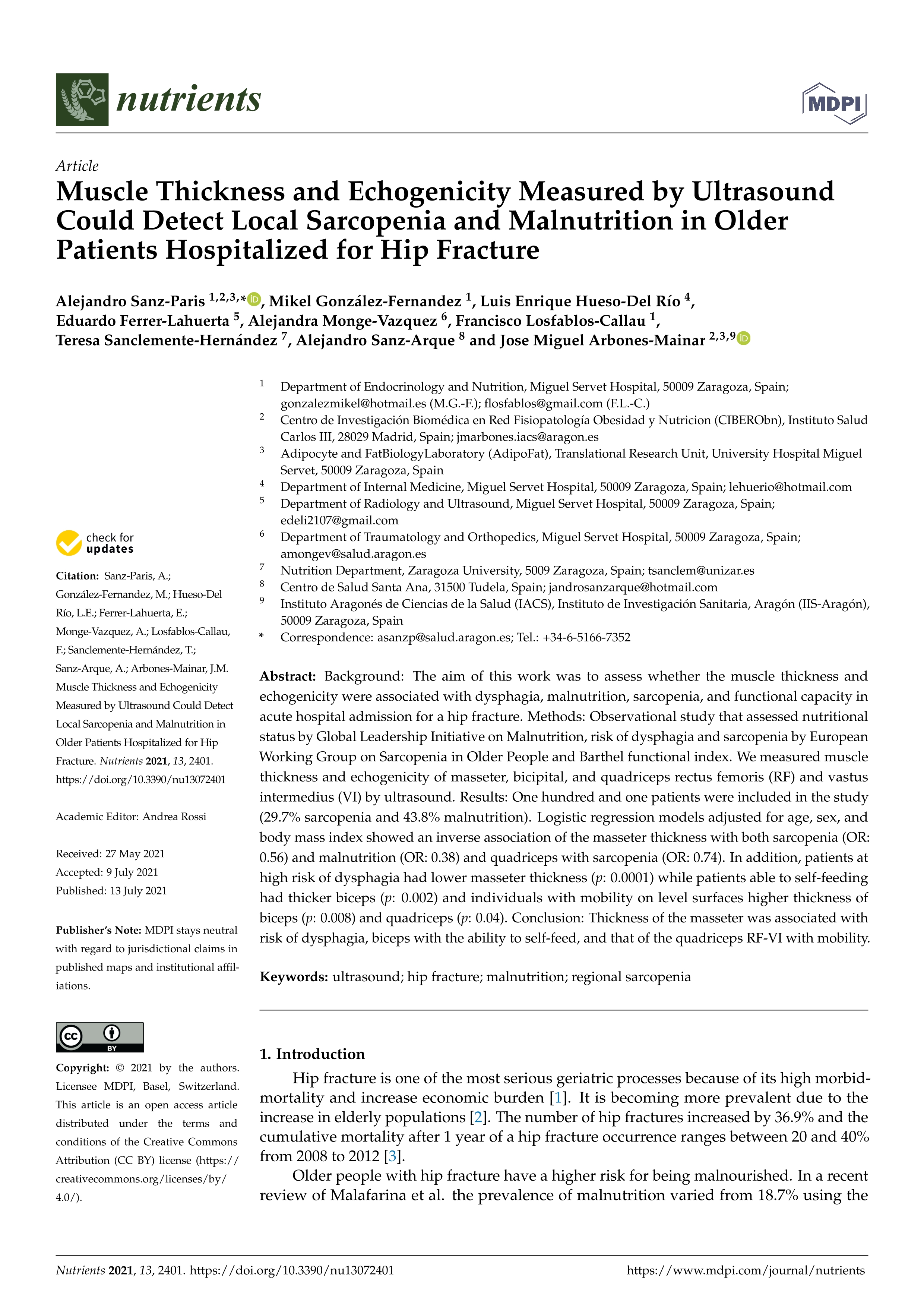 Muscle thickness and echogenicity measured by ultrasound could detect local sarcopenia and malnutrition in older patients hospitalized for hip fracture