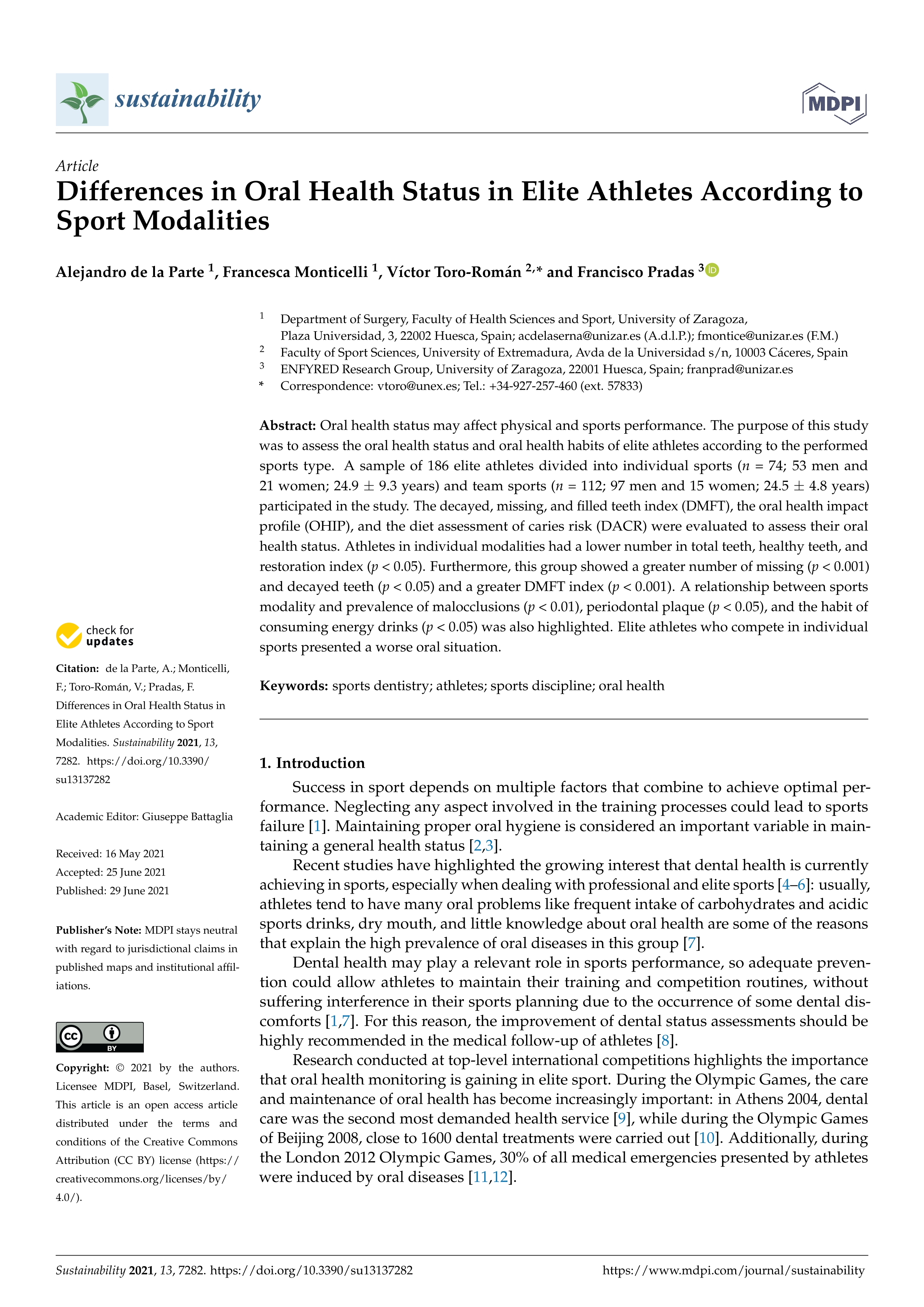 Differences in oral health status in elite athletes according to sport modalities