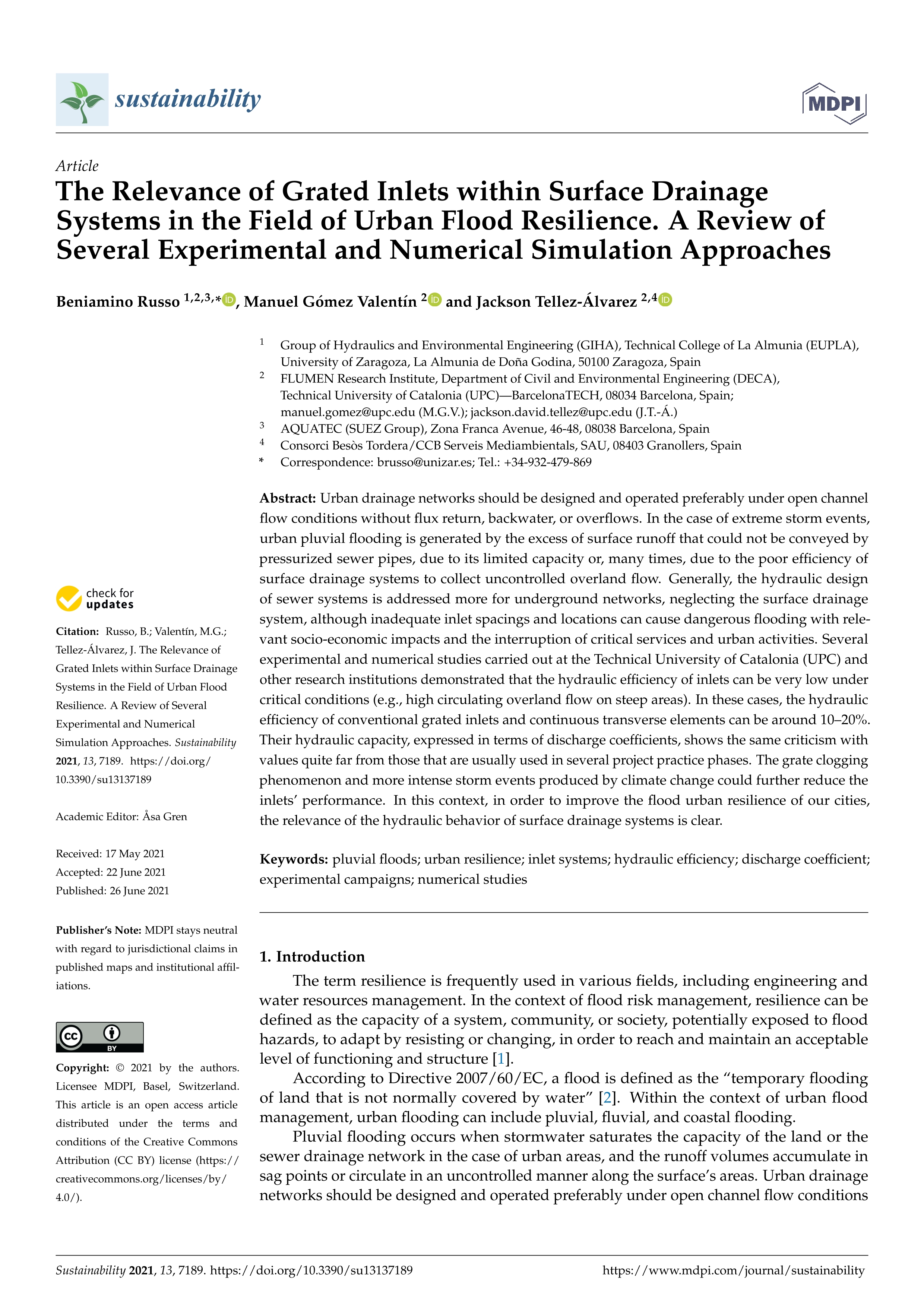 The relevance of grated inlets within surface drainage systems in the field of urban flood resilience. A review of several experimental and numerical simulation approaches