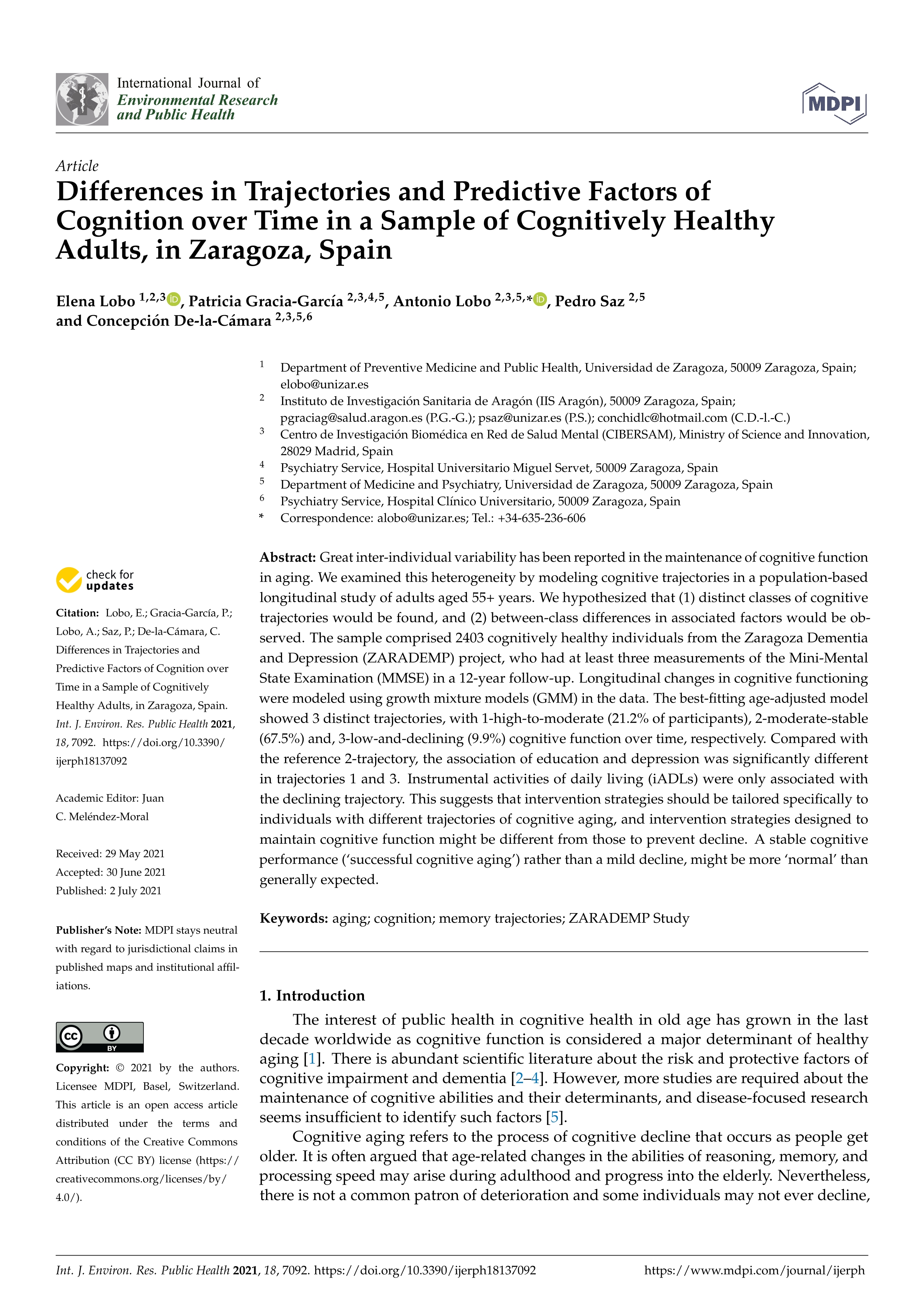 Differences in trajectories and predictive factors of cognition over time in a sample of cognitively healthy adults, in zaragoza, spain