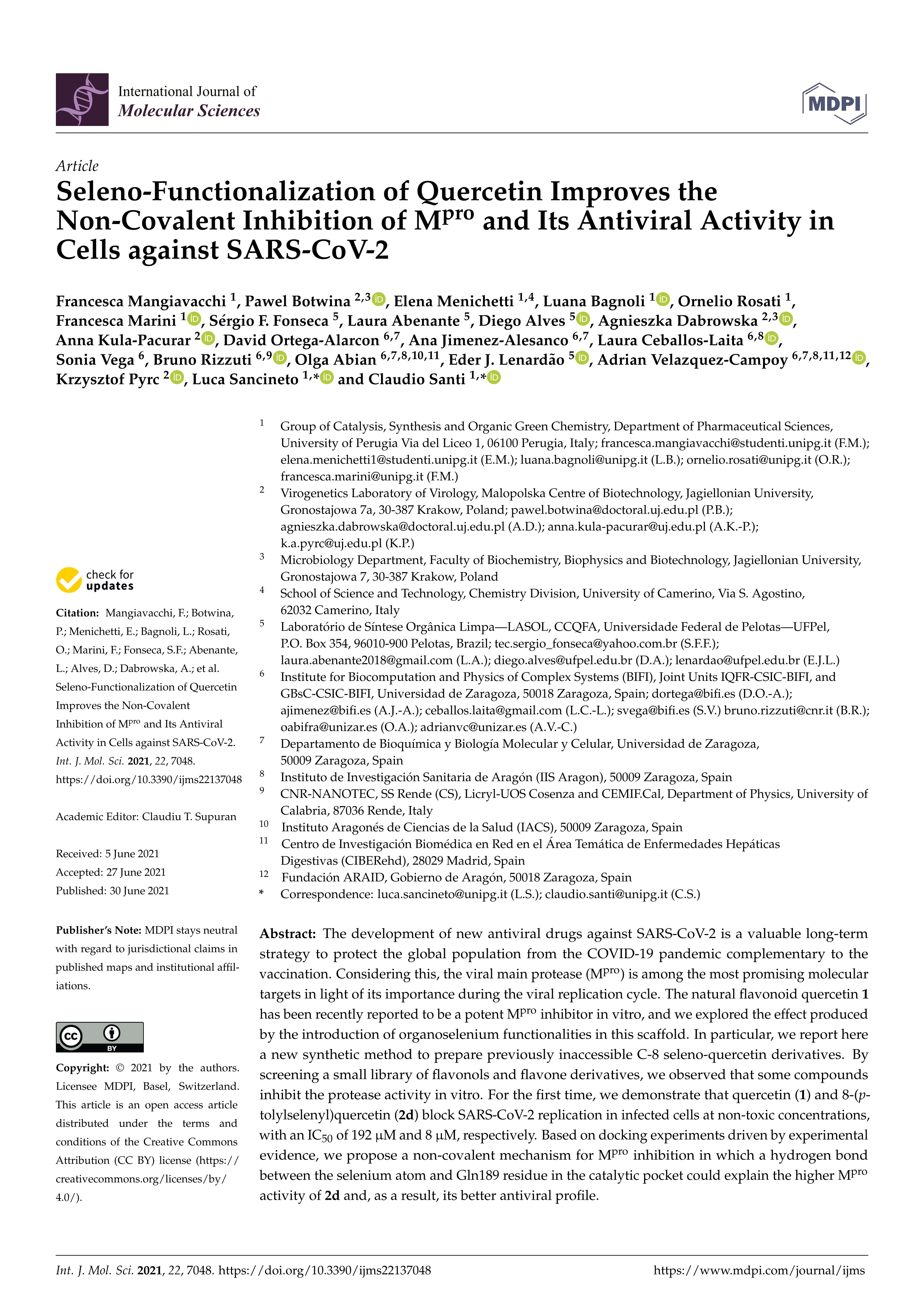 Seleno-functionalization of quercetin improves the non-covalent inhibition of mpro and its antiviral activity in cells against sars-cov-2