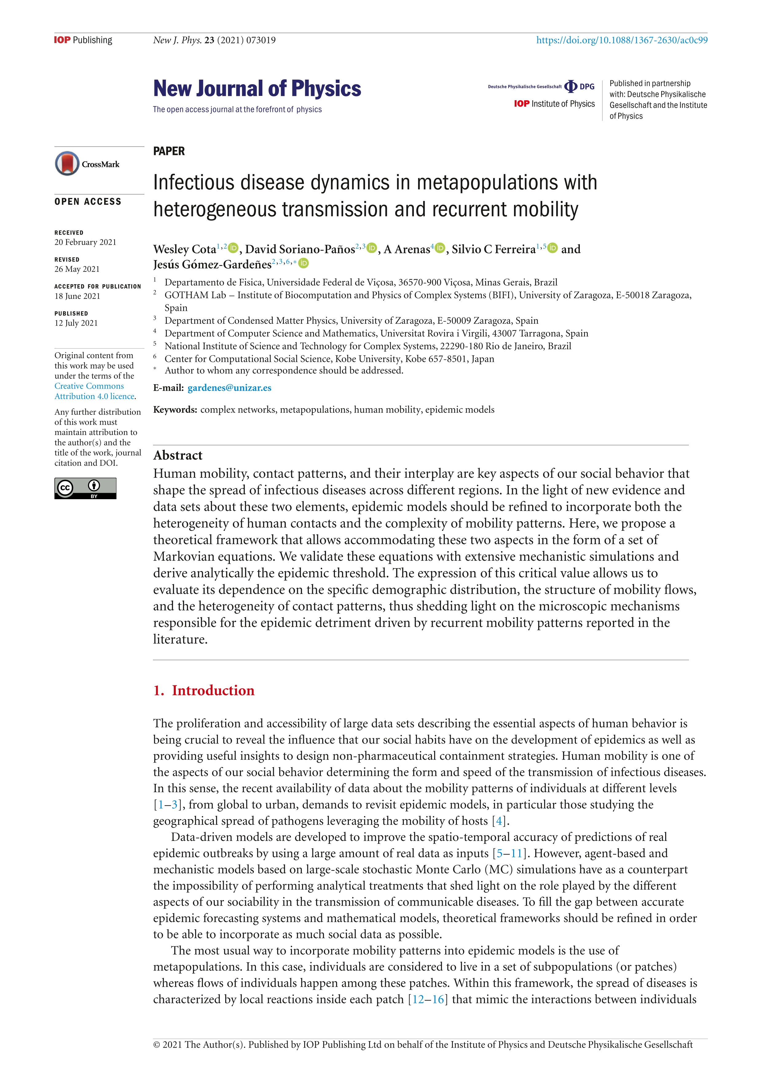 Infectious disease dynamics in metapopulations with heterogeneous transmission and recurrent mobility