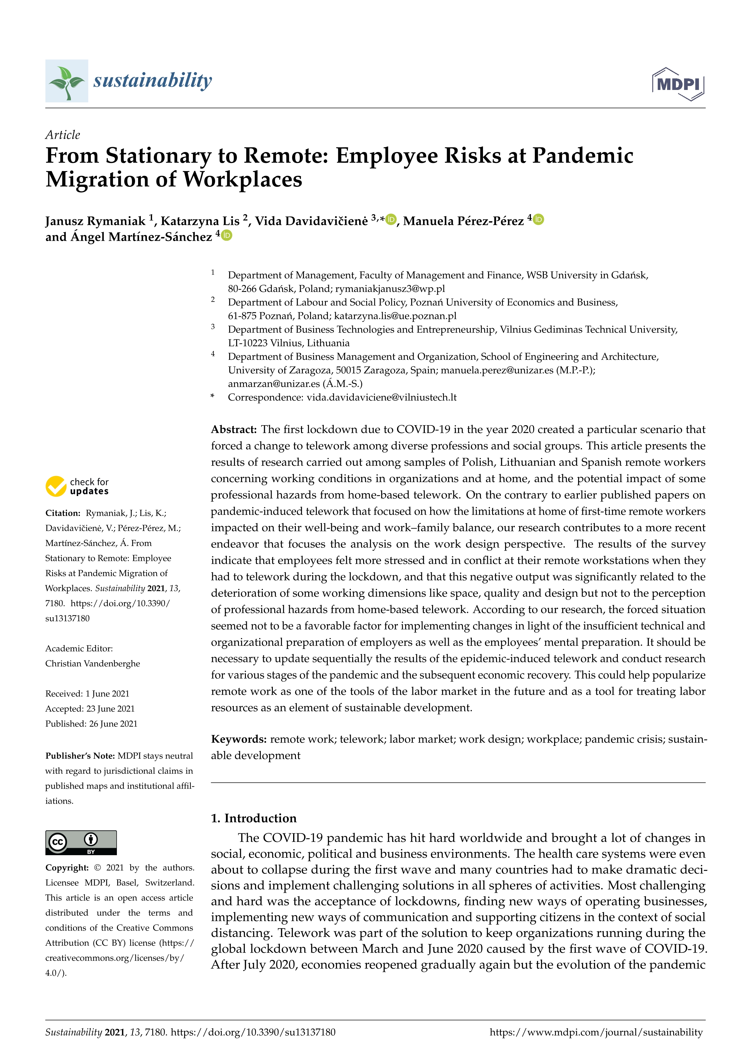 From stationary to remote: Employee risks at pandemic migration of workplaces