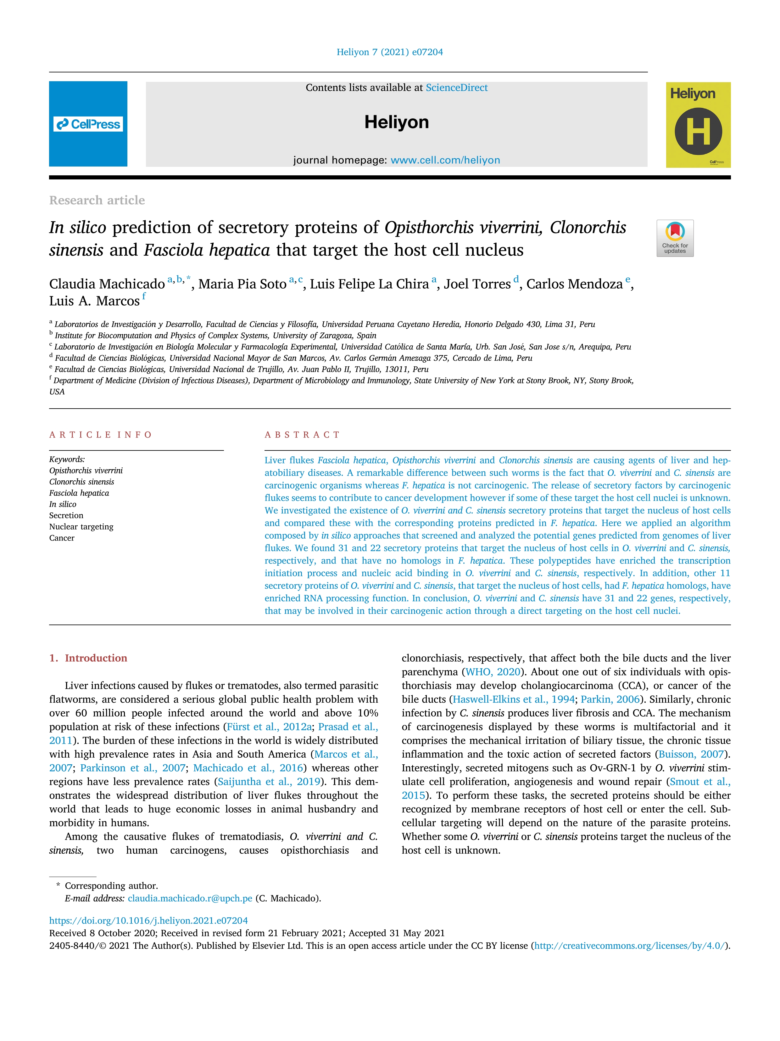 In silico prediction of secretory proteins of Opisthorchis viverrini, Clonorchis sinensis and Fasciola hepatica that target the host cell nucleus