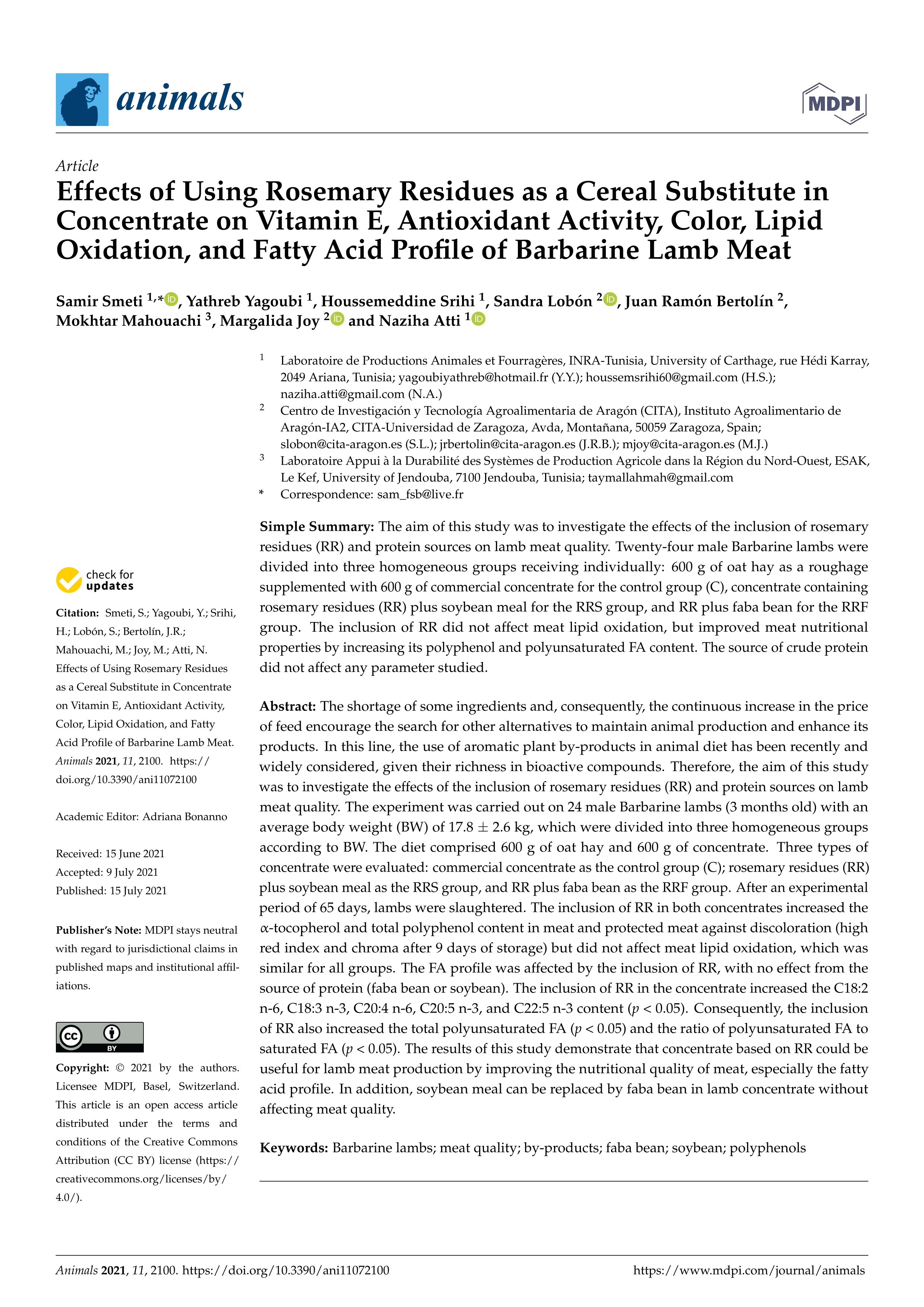 Effects of using rosemary residues as a cereal substitute in concentrate on vitamin e, antioxidant activity, color, lipid oxidation, and fatty acid profile of barbarine lamb meat
