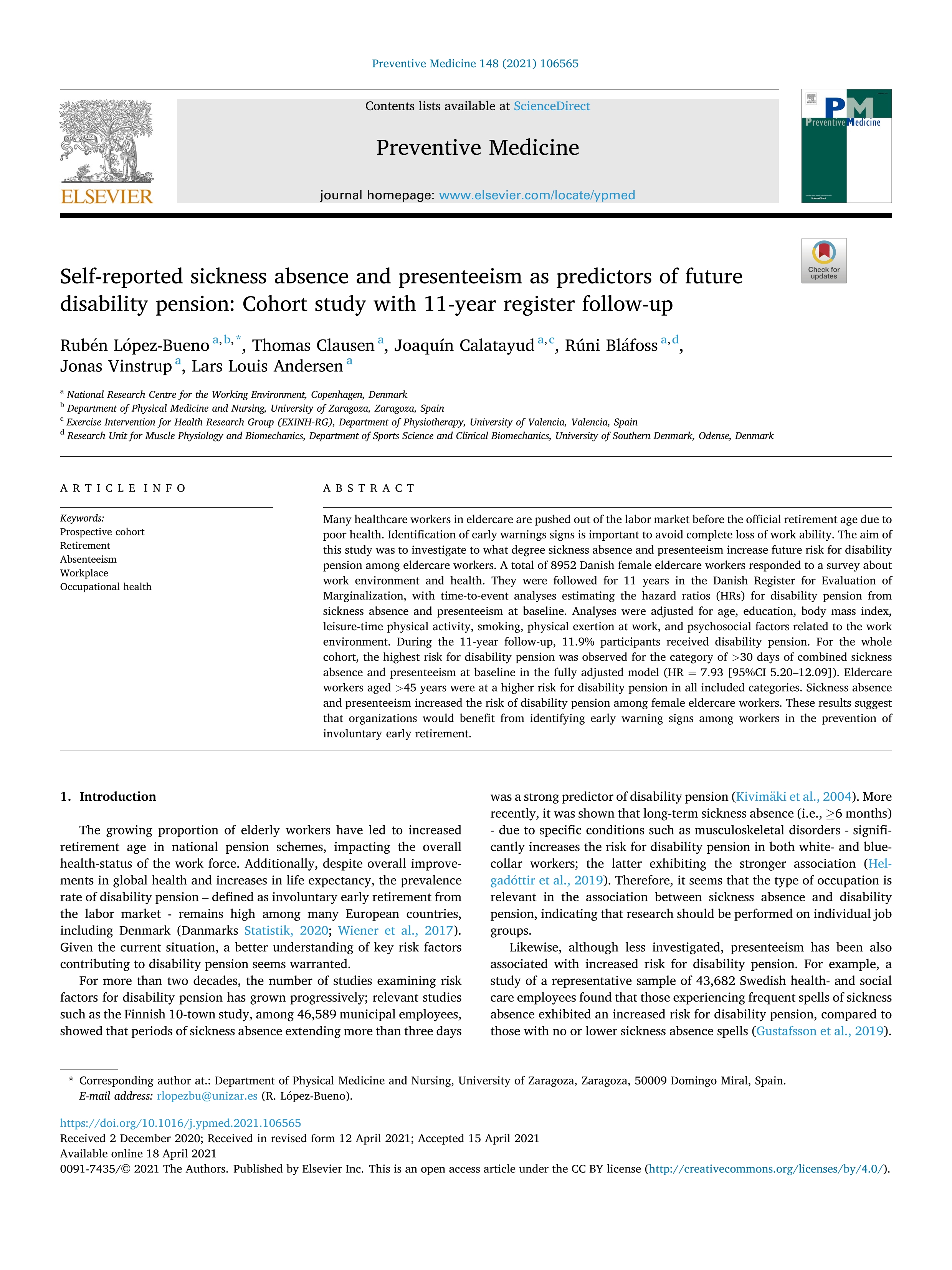 Self-reported sickness absence and presenteeism as predictors of future disability pension: Cohort study with 11-year register follow-up