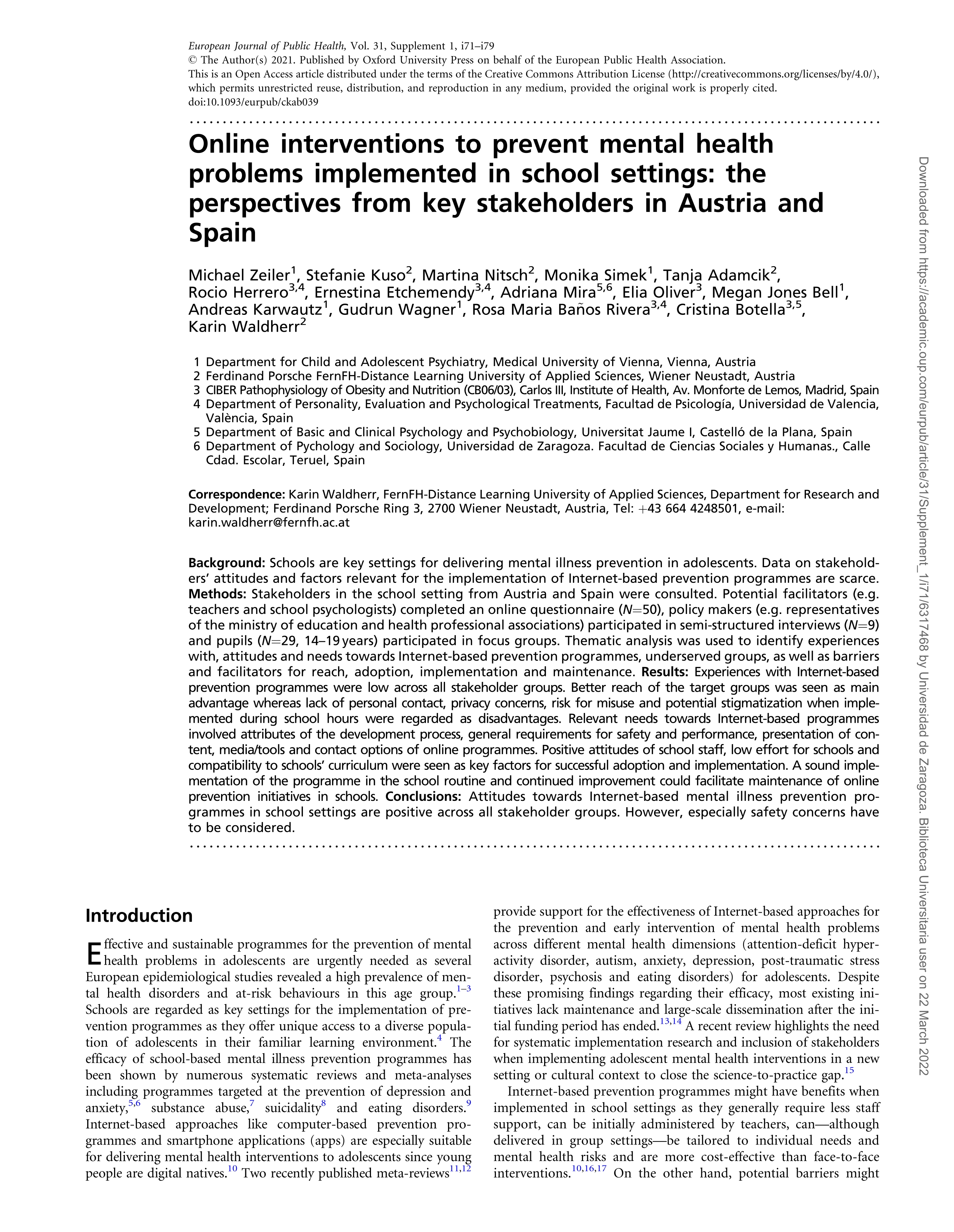 Online interventions to prevent mental health problems implemented in school settings: the perspectives from key stakeholders in Austria and Spain