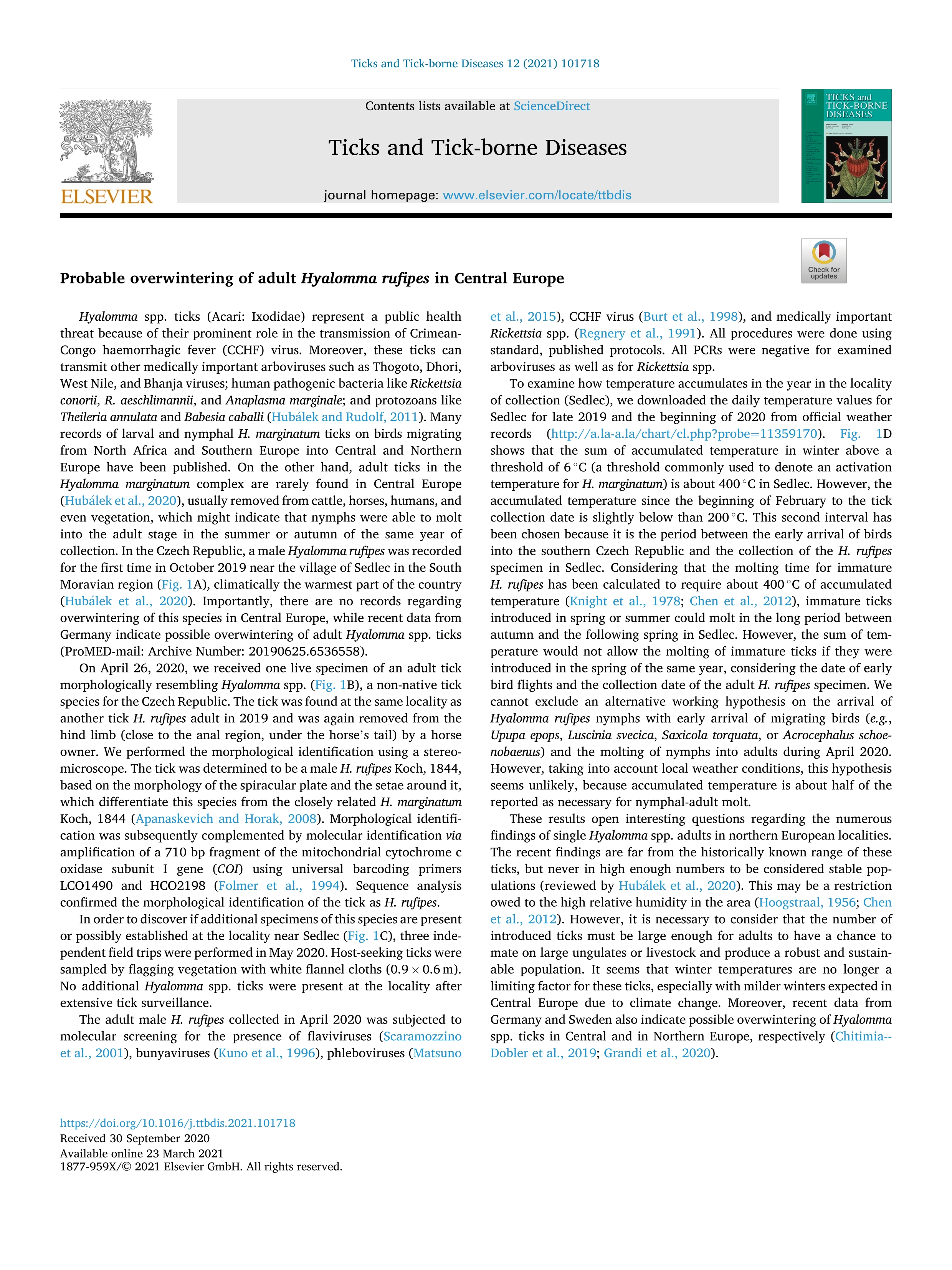Probable overwintering of adult Hyalomma rufipes in Central Europe