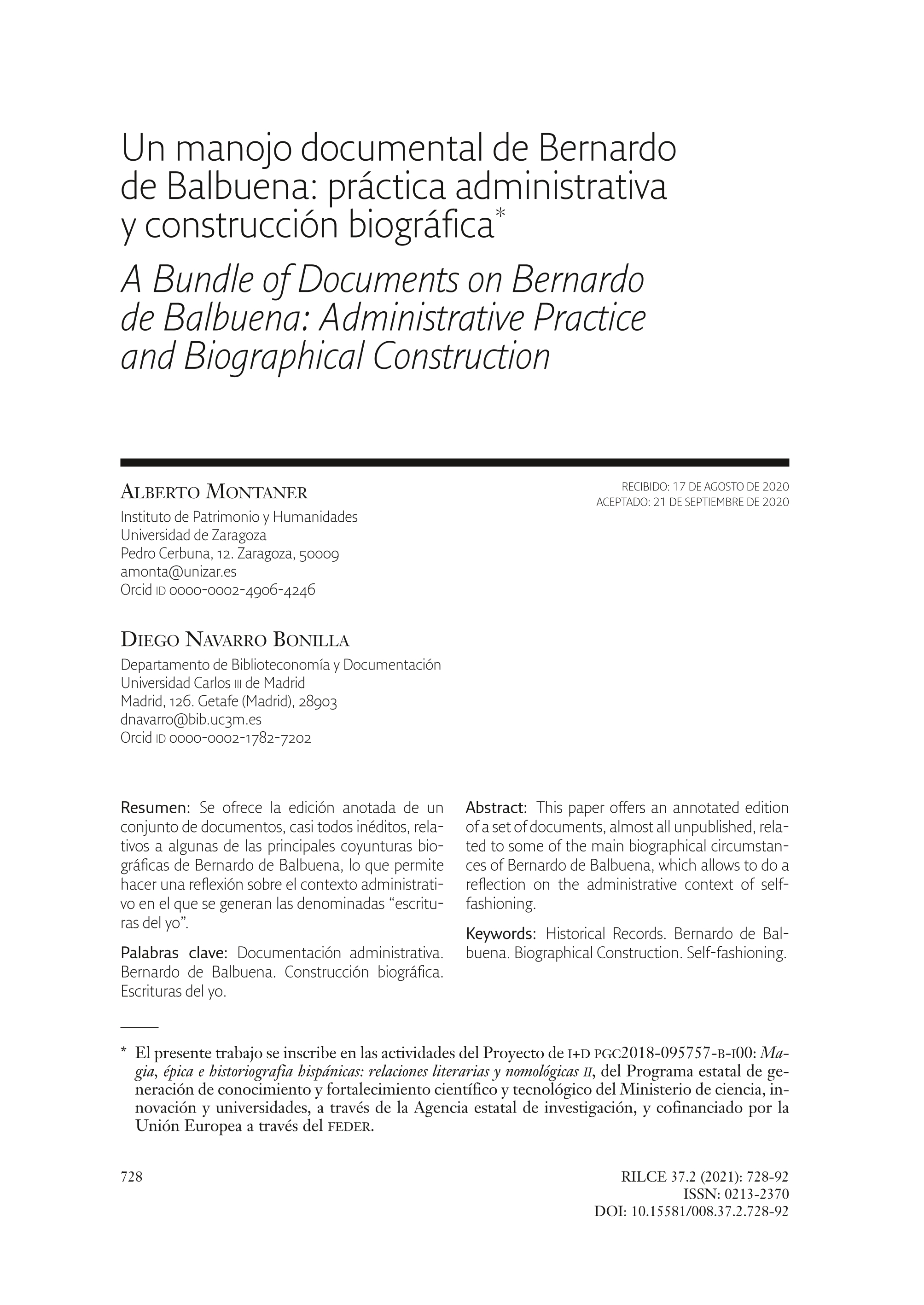 Un manojo documental de Bernardo de Balbuena: Práctica administrativa y construcción biográfica